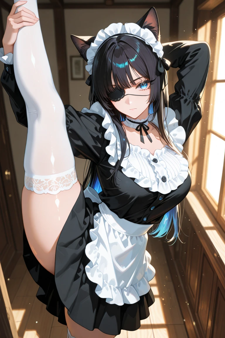 nsfw, 1 girl, long black hair, loose hair, black cat ears, maid, wearing white gloves, white stockings, black maid outfit, big tits, visible tits, exposed tits, visible nipples, exposed nipples , showing butt, visible butt, exposed butt, serious expression, watery eyes, yellow heterochromia, blue heterochromia, mismatched eyes, from behind, bent over, steep, crouched showing the butt to the viewer, direct butt to the viewer, focus on the butt, legs spread, anus visible, anus exposed, pussy visible, pussy exposed, steep, room.