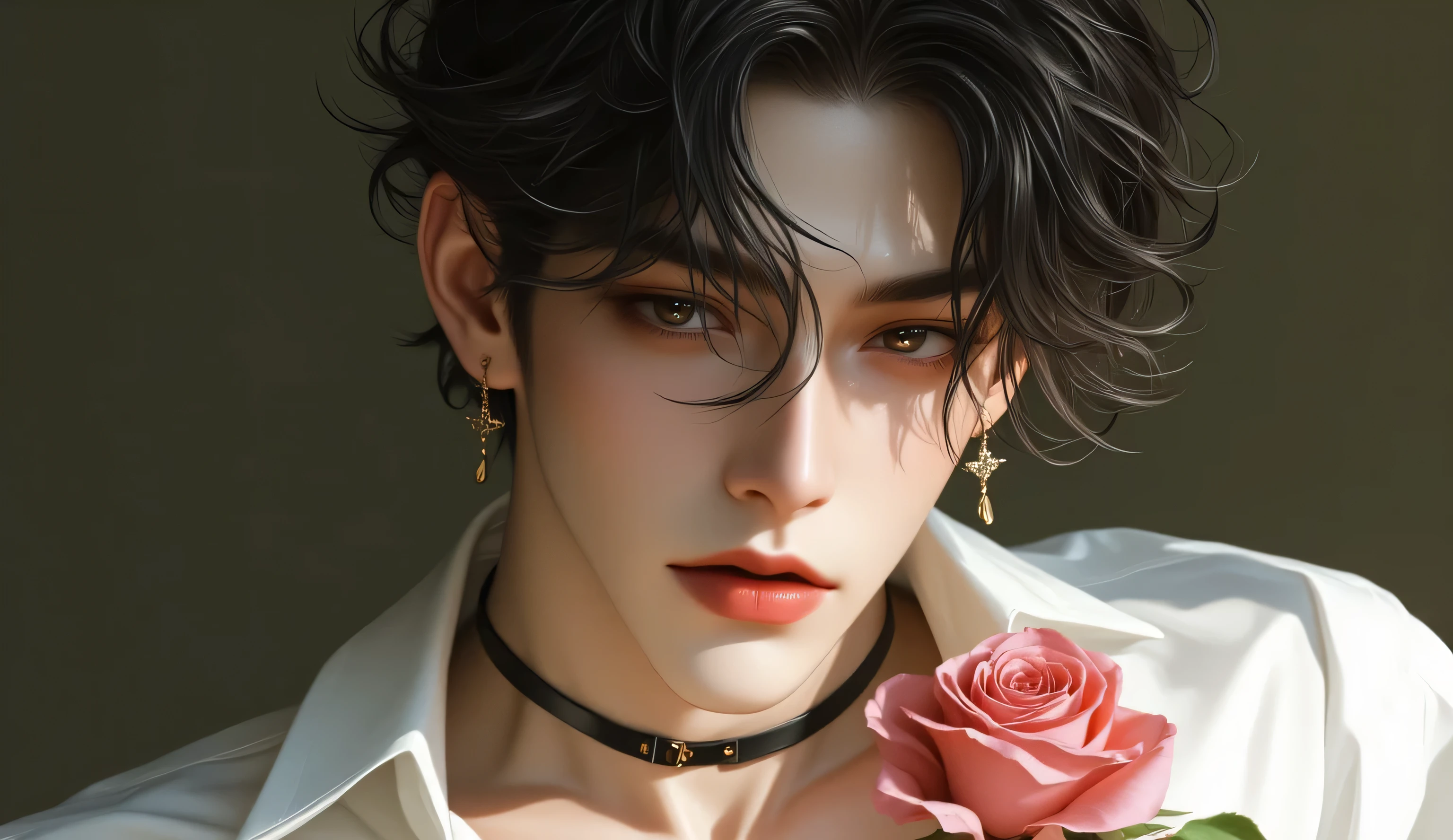 "Hyper-realistic fantasy portrait of an androgynously beautiful young man with tousled, wavy dark hair and luminous pale skin. He has soft, pouty lips, dreamy pinkish eyes, and a mysterious expression. A black choker adorns his slender neck, and he wears a slightly open white shirt with light reflections adding depth to the folds. He holds a blooming pink rose delicately in his hand. The lighting is soft and dramatic, casting shadows that highlight his sharp jawline and collarbones. Painted in 4K ultra-resolution, cinematic quality with extreme detail, rich texture, and a sensual, romantic atmosphere, Ultra-Detailed Fantasy Portrait Prompt. Emphasize:
“hyperrealistic, romantic fantasy portrait, 4K quality, cinematic lighting