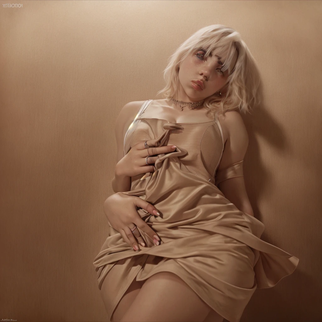 Designed by nty, A woman is, nude, (naked), design vector,Tokar, 8K, hyper HD, Albino demon girl standing, (nude), shot from far away, (large eyes, Eyes are delicate and beautiful, Beautiful and delicate face, Details on the face), ( with black curled hair:1.3) , pink rose bush, winking, white background, Complicated details, colored background, Abstract, (pubic hair, hairy pussy, hairy vulva), (small saggy breasts), (bare feet)