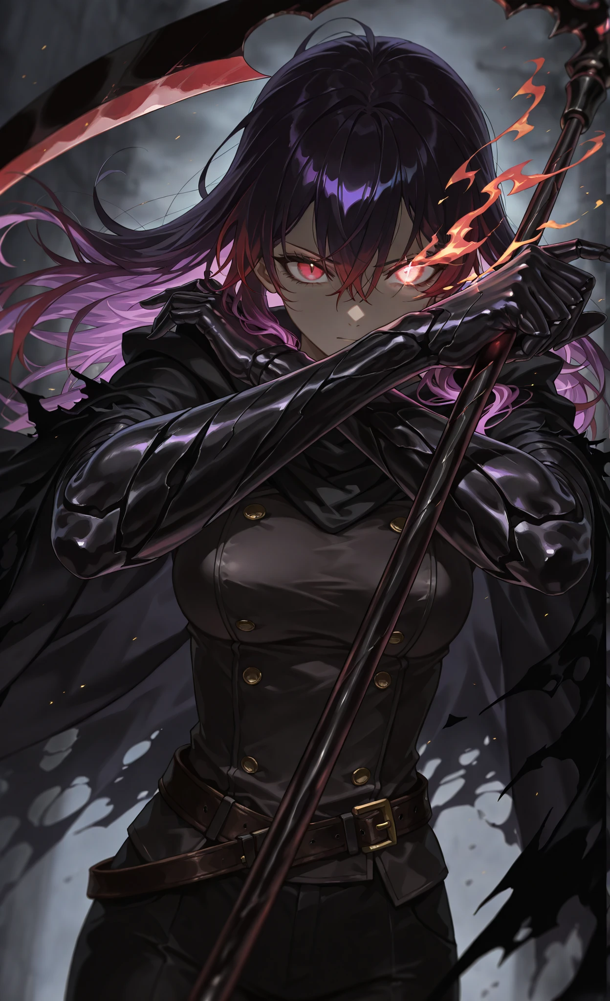 style of [arknights|(748cmstyle:0.5)], deep abyss, dark abyss, cosmic abyss, cinematic shot, mature, young adult, masterpiece, best quality, amazing quality, very aesthetic, high resolution, ultra-detailed, absurdres,
1girl, woman, solo, alone,(dynamic pose, side eye, looking at viewer, upper body focus, action shot, dutch angle, three quarter view, close up, cowboy shot:1.2), (wraith:1.44), purple accents, purple flames, SeeleVelionaNyx, red eyes, black and red hair, gradient hair, purple hair, glowing hair, veiled smirl, hair covering one eye, glowing purple hair, burning eye, abyss eyes, black flame cloak, half body, multicolored hair, colored inner hair, long hair, purple flame scythe, dark purple, dark scythe, demonic arsenal, hair between eyes, darkness, abyssal, arm made of purple flame, ghostly arm, ghostly body, novuschroma79 style, glitch art photo
BREAK, depth of field, volumetric lighting
 