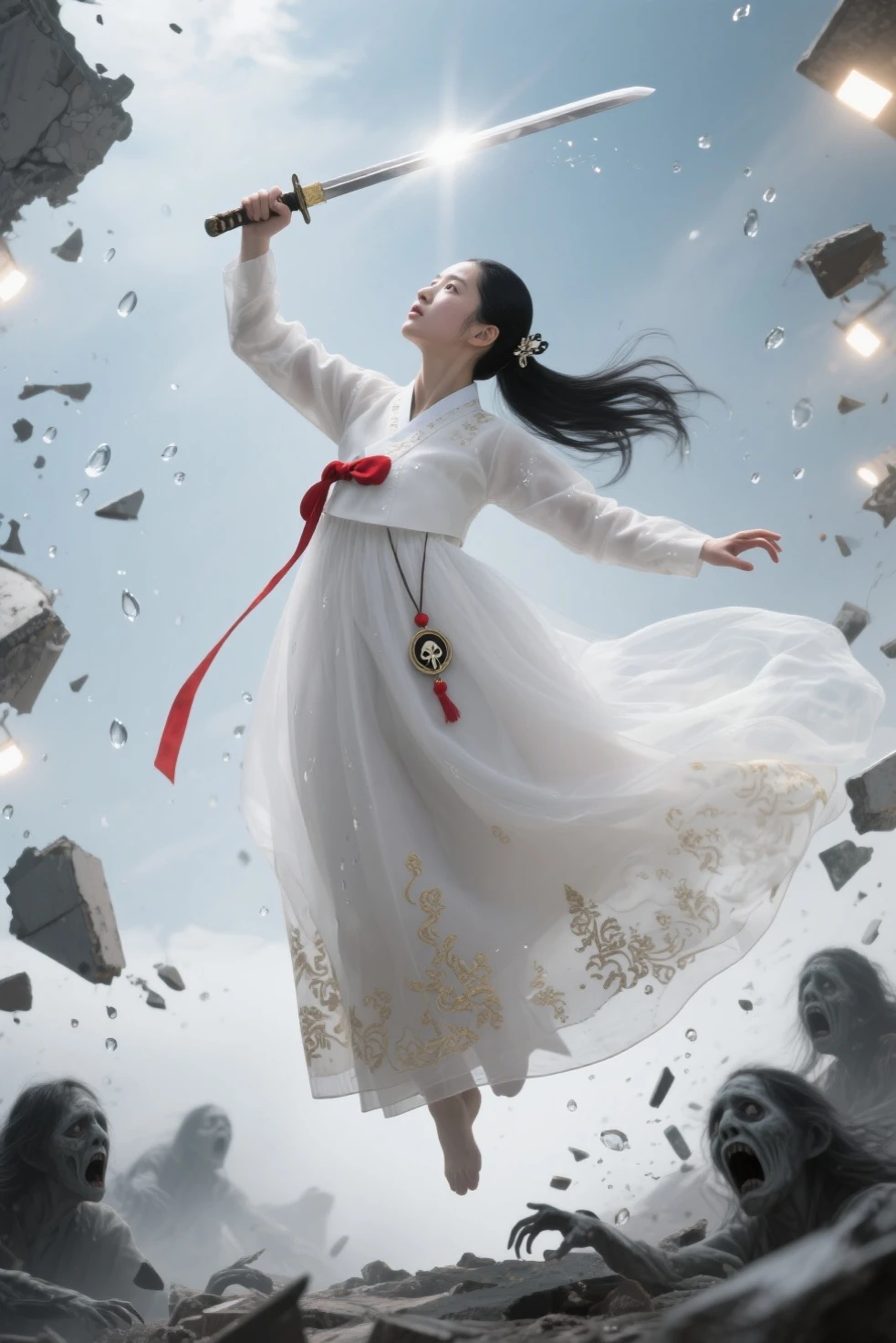 Surreal vertical image of a hunter in the air surrounded by still debris, The feeling of wielding a sword to destroy evil spirits and rise to the sky, She looks upwards, defeats and hits demons, and ascends while slashing demons with a sword with elegant martial arts movements.. The shattering objects stop around her, Time-frozen water droplets and collapsed ruins as her body twists with momentum , Long black hair is fixed with a hairpin on one side. Her body twists with exercise, A traditional Korean sword that swings in full swing and a Hanbok gown that drags back like a ribbon, The thin white hanbok gown is embroidered with traditional Korean patterns in gold on a white background., The end of Hanbok in the shape of a very thin gown is flowing like smoke, Pus from the bottom of the Hanbok top flutters for a long time, A red pacifier decoration flowing down her waist for a long time, One side of her thin Hanbok waist is swaying with a medal containing the soul of an evil spirit., A stream of light from the sky shining on her, Sweat on her innocent and elegant skin shines in the still light, Nightmare figures frozen in terror , Evil spirits with frightened expressions. Cinematic lighting from multiple soft light sources , Dynamic stillness and spatial depth emphasized 