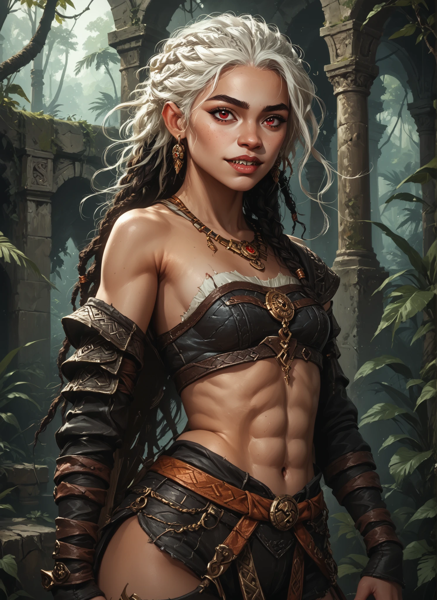 Slender body. White skin. Cute 18-year-old Aztec girl with Asian red eyes and unnaturally sharp teeth and dreadlocks with white highlights. She has a cute and beautiful face. She has a round and young face with a pointy chin. Her body is athletic with abs. She wears a rough medieval top and hotpants. Background: medieval jungle ruins. Realistic lighting. DnD art-style. fake box art, semi-realistic, Looking at the viewer.