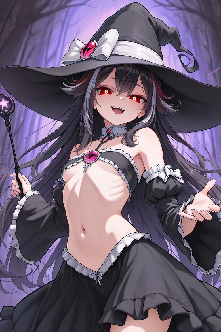 1girl,30s,sensual,black langerie,cleavage,medusa hair,pointy ears,black hair,long hair,((red skin,colored skin)),night,moon,floating,evil smile,dynamic pose,demon girl,head wings