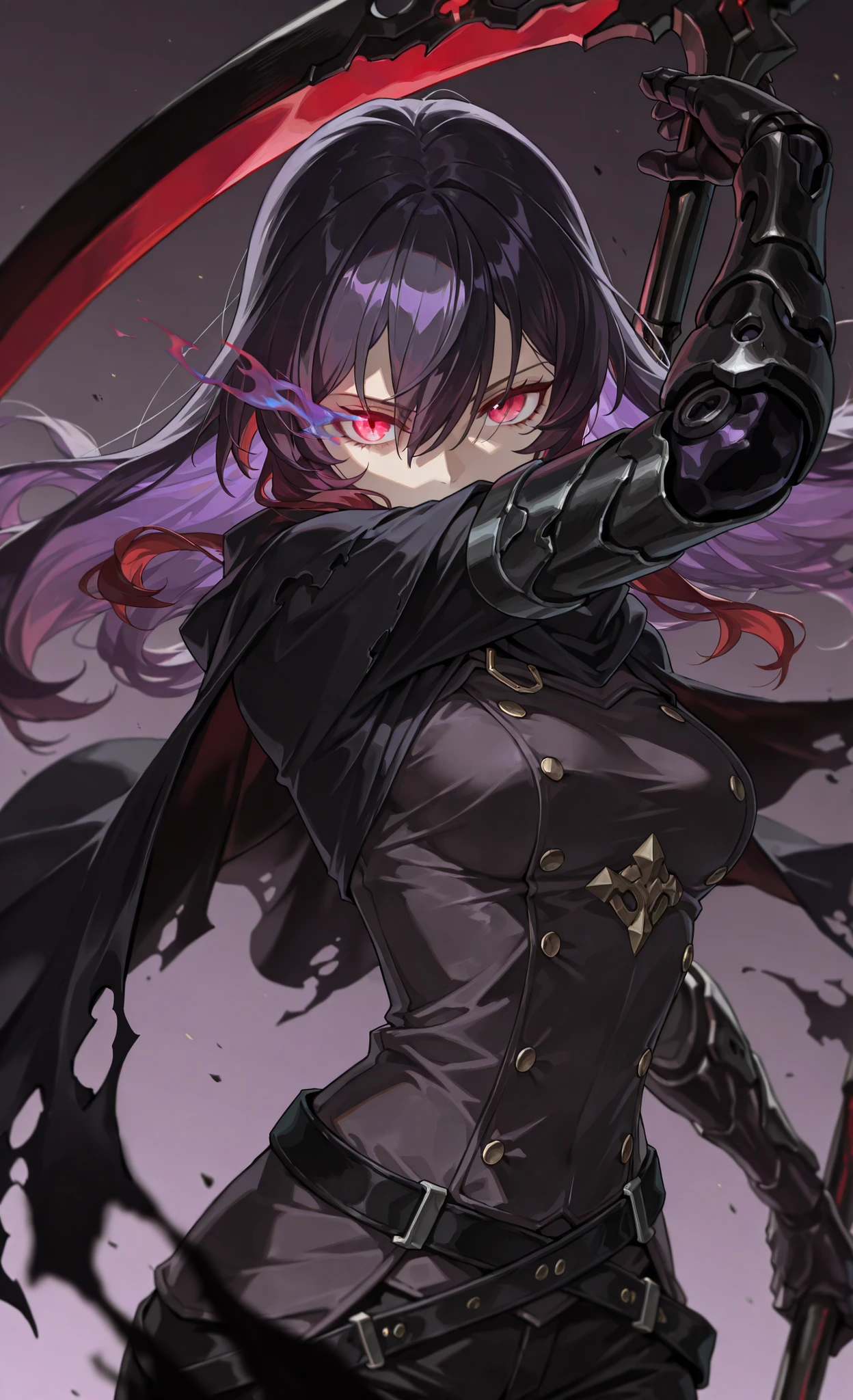 style of [arknights|(748cmstyle:0.5)], deep abyss, dark abyss, cosmic abyss, cinematic shot, mature, young adult, masterpiece, best quality, amazing quality, very aesthetic, high resolution, ultra-detailed, absurdres,
1girl, woman, solo, alone,(dynamic pose, side eye, looking at viewer, upper body focus, action shot, dutch angle, three quarter view, close up, cowboy shot:1.2), (wraith:1.44), purple accents, purple flames, SeeleVelionaNyx, red eyes, black and red hair, gradient hair, purple hair, glowing hair, veiled smirl, hair covering one eye, glowing purple hair, burning eye, abyss eyes, black flame cloak, half body, multicolored hair, colored inner hair, long hair, purple flame scythe, dark purple, dark scythe, demonic arsenal, hair between eyes, darkness, abyssal, arm made of purple flame, ghostly arm, ghostly body, novuschroma79 style, glitch art photo
BREAK, depth of field, volumetric lighting
 