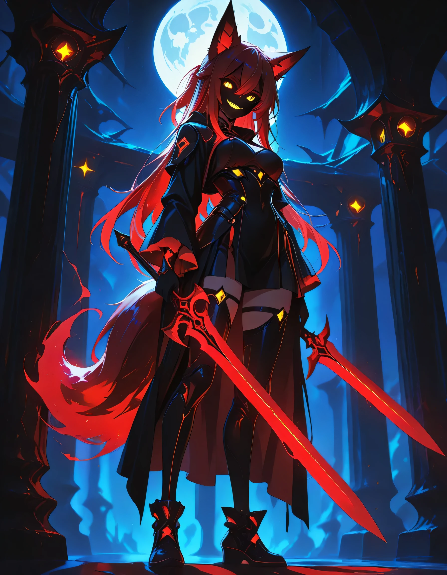,hauntedglow, glowing eyes,ethereal_glowing, neon_trim, shadow, backlighting, 1 woman , golden eyes , very long hair , long sidelocks, red hair ,half updo, petite , very cute , beautiful ,Straight hair, cool, handsome, hair between eyes, sexy, medium breasts cool, beautiful, fox girl, fox ears, fox tail, long hair, glowing hair, beautiful eyes, clear eyes, glowing eyes , beautiful face, cute face,dangerous smile, glowing teeth, full body, glowing tail (in red), standing, standing on pillar , glowing sword in hand, glowing full moon, view from below, looking at viewer