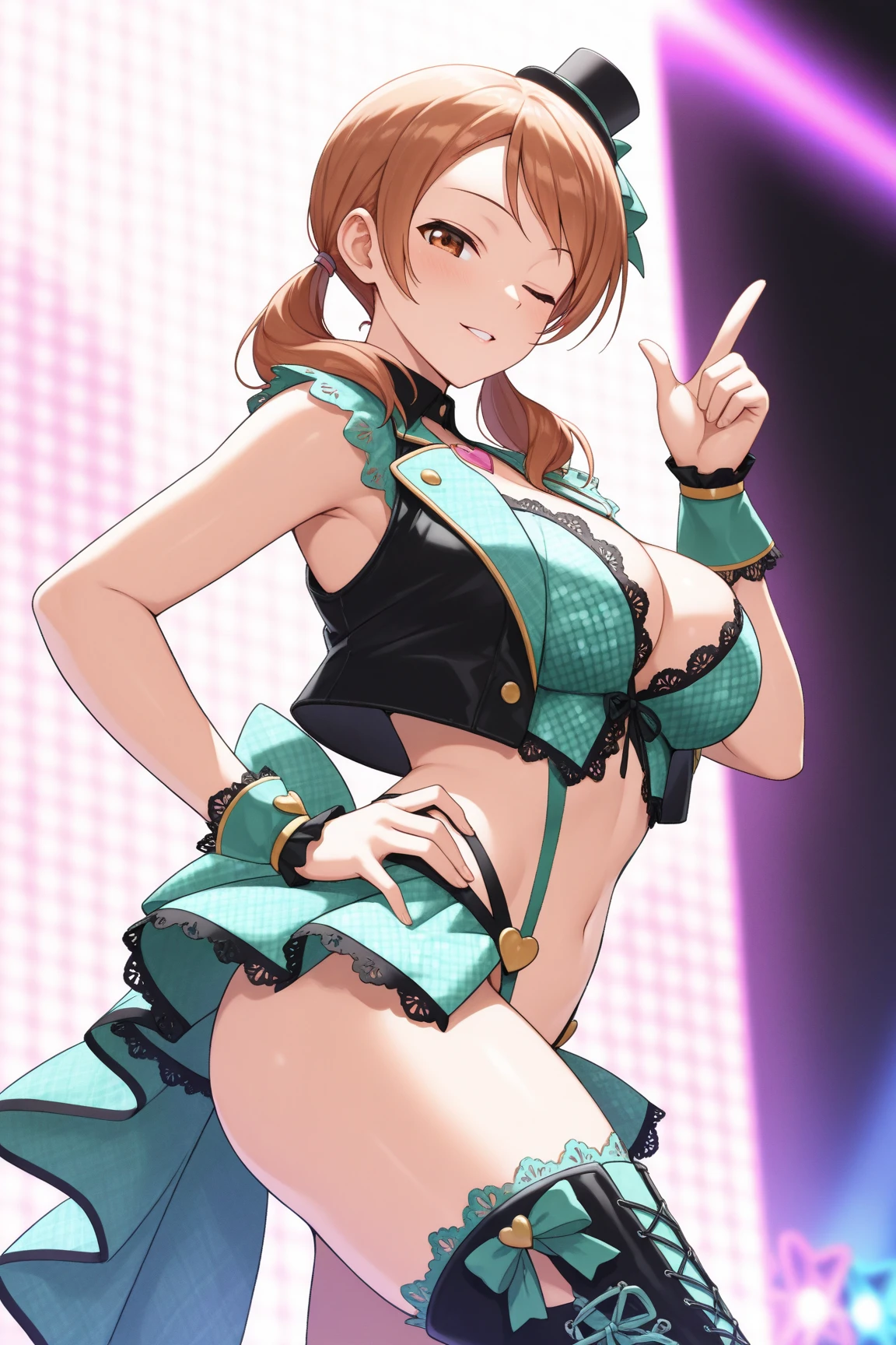 a woman in a dress holding a knife, long hair, breasts, blush, open mouth, large breasts, brown hair, gloves, cleavage, bare shoulders, brown eyes, collarbone, weapon, ahoge, japanese clothes, choker, hair over one eye, cosplay, fishnets, ninja, kunai