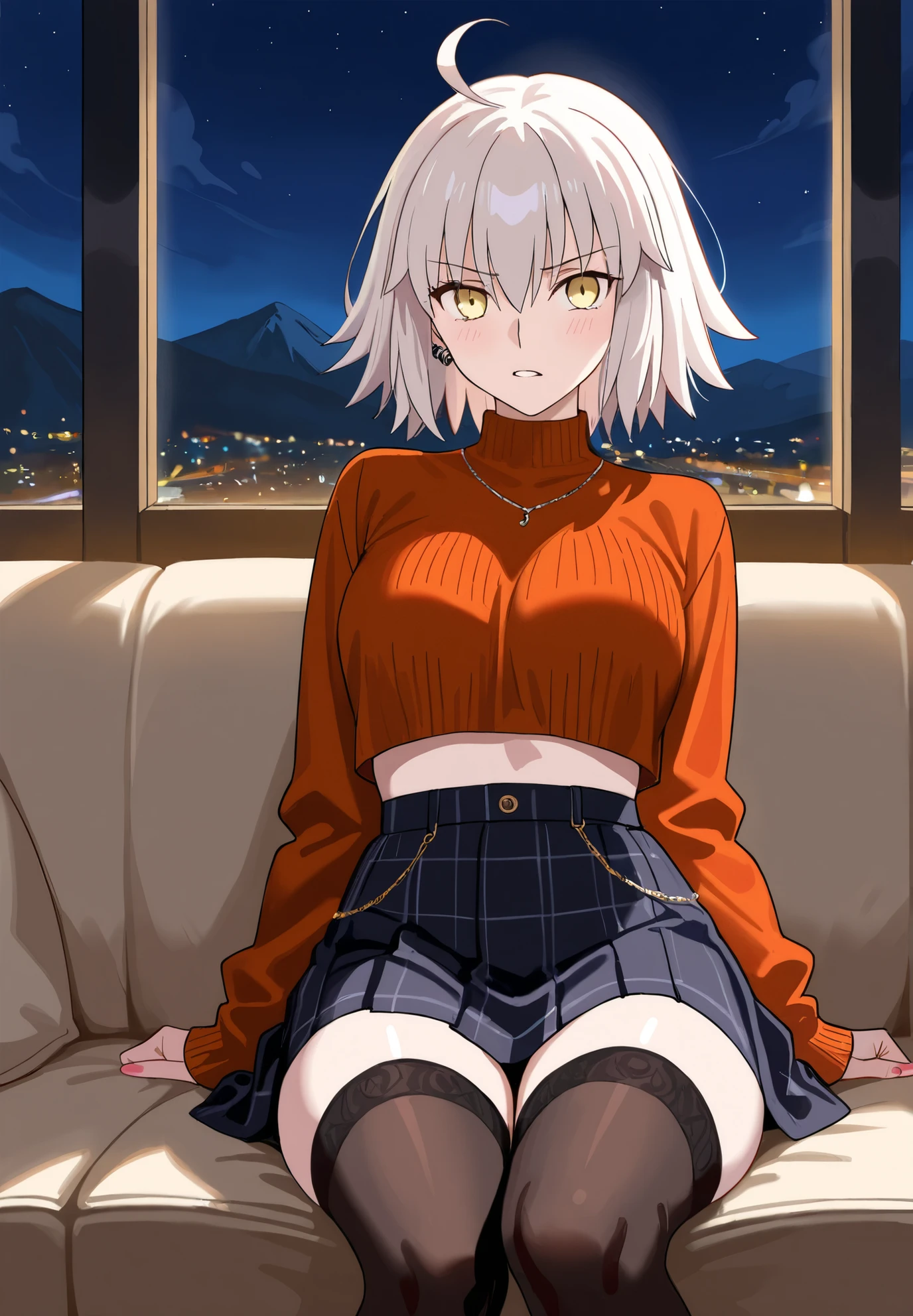 High resolution、masterpiece、1 girl、Bjorf、short hair with long hair、white hair band、red eyes、gold earrings、 gem、off shoulder、red sweater、long sleeve、Slender、thin thighs、grin、sleep face up on the bed、spread your legs、raise your knees、raise your legs、Pubic hair is visible、Pay attention to the crotch、Lower body naked