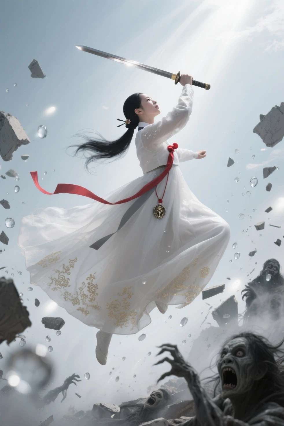 Surreal vertical image of a hunter in the air surrounded by still debris, The feeling of wielding a sword to destroy evil spirits and rise to the sky, She looks upwards, defeats and hits demons, and ascends while slashing demons with a sword with elegant martial arts movements.. The shattering objects stop around her, Time-frozen water droplets and collapsed ruins as her body twists with momentum , Long black hair is fixed with a hairpin on one side. Her body twists with exercise, A traditional Korean sword that swings in full swing and a Hanbok gown that drags back like a ribbon, The thin white hanbok gown is embroidered with traditional Korean patterns in gold on a white background., The end of Hanbok in the shape of a very thin gown is flowing like smoke, Pus from the bottom of the Hanbok top flutters for a long time, A red pacifier decoration flowing down her waist for a long time, One side of her thin Hanbok waist is swaying with a medal containing the soul of an evil spirit., A stream of light from the sky shining on her, Sweat on her innocent and elegant skin shines in the still light, Nightmare figures frozen in terror , Evil spirits with frightened expressions. Cinematic lighting from multiple soft light sources , Dynamic stillness and spatial depth emphasized 