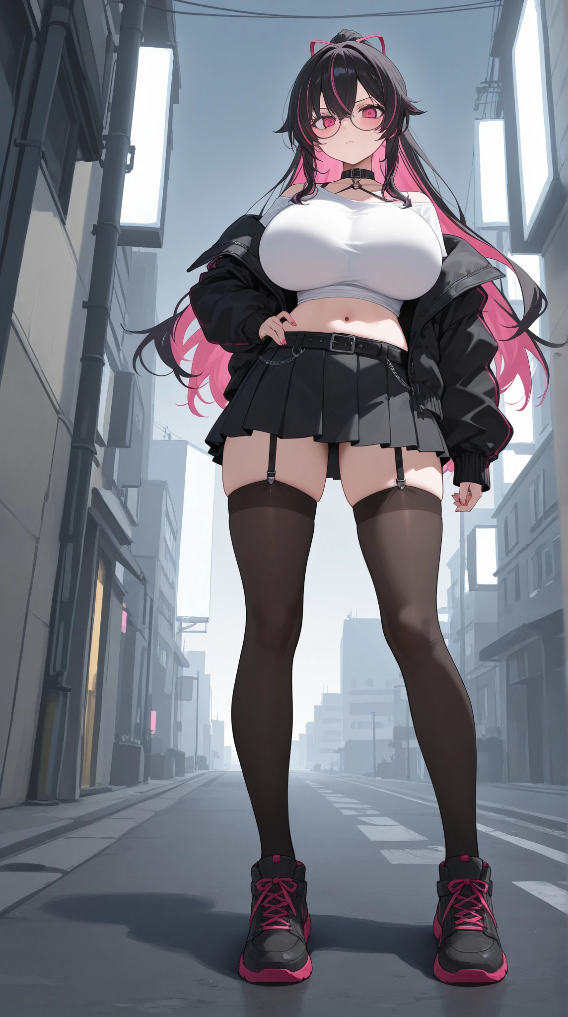 table top, highest quality,figure, wallpaper, Super detailed, absurd, 1 girl, alone, ( short red hair, yellow eyes), detailed and beautiful eyes , (street:1.3), hair blowing in the wind,(panoramic view:1.3),(sense of depth:1.5),(long shot:1.3) girl standing on balcony looking at the city at night, wearing open sexy clothes, black skirt, Black stockings, long sleeves, chest harness, black shirt, crop top, miniskirt, Shoes, O-Ring, midriff, off shoulder, medium breasts, thigh strap, pleated skirt (skirt blowing in the wind)