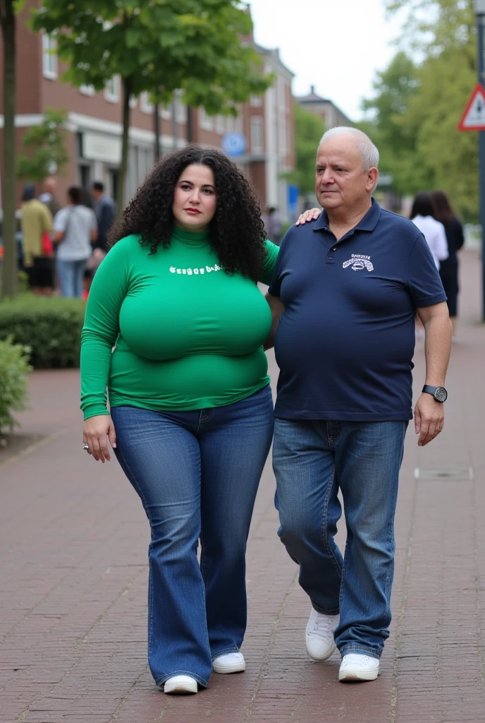 Woman with huge breasts in cleavage walking with her grandfather in the park