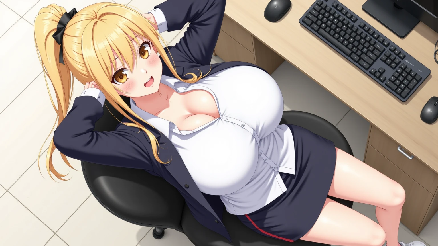 In the office, dusk, sitting on a chair, crossing her legs, an executive secretary, 27 years old, hands on the desk, short sleeve blouse, smooth fitted miniskirt, perfect body, hourglass body, wide waist, medium hips, big chest, green eyes, golden hair, triangular face, perfect hands, almond shaped eyes, perfect fingers,