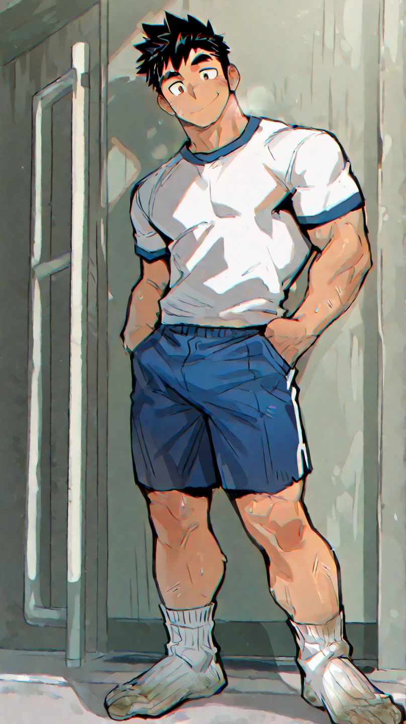 extremely tall blonde shirtless white male in a tiny school wearing just a pair of white ankle socks and classic tighty whities, briefs, standing, full body view. low angle