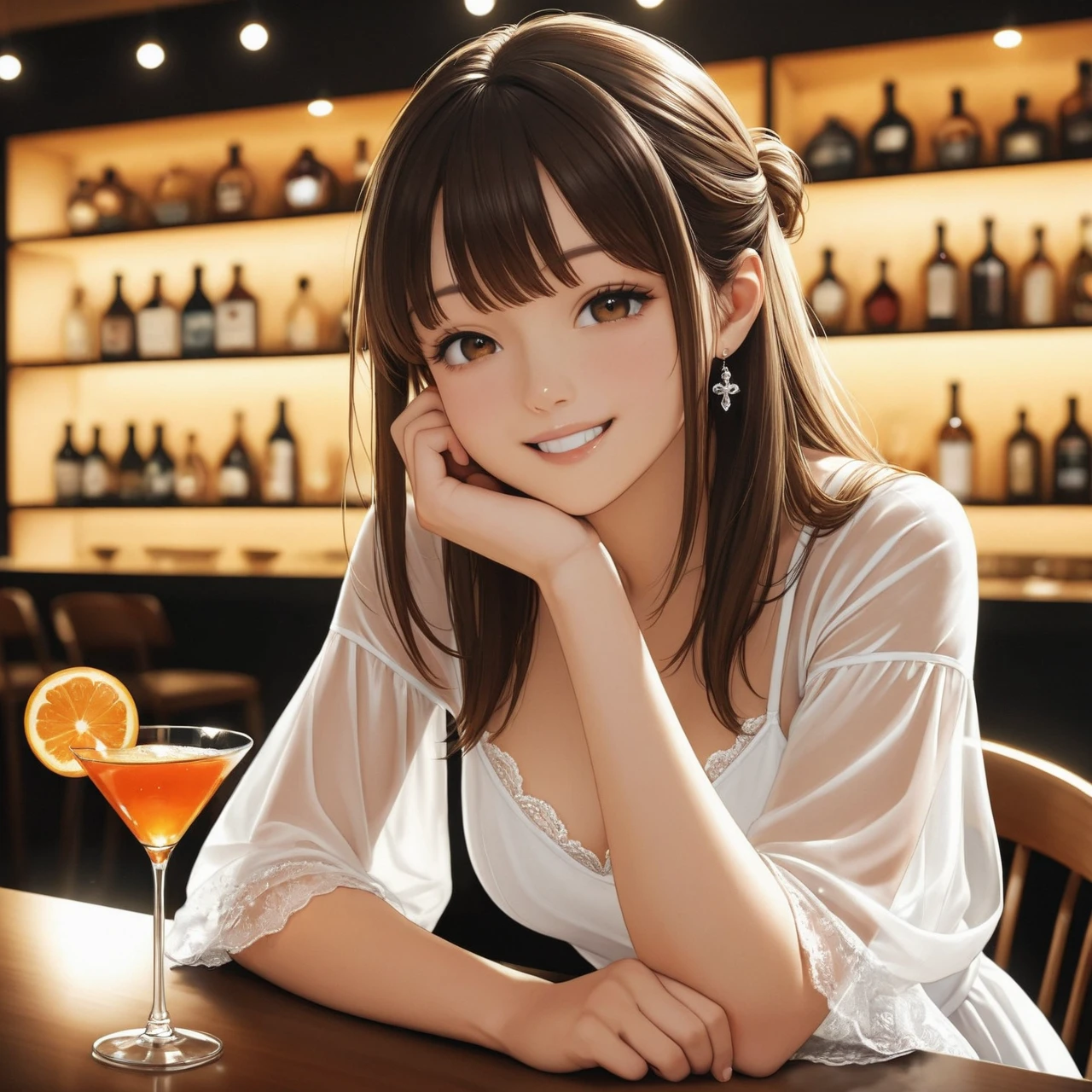 8K, Best Quality, Realistic Photos, Realistic details, Clear face, Delicate facial features, Genuine skin glow, Cute s, Shy, Facing the camera, Girl sitting at a bar wearing fishnet stockings, high heels and sundress, clear bar background bar counter arm, lower back, Slim body, mid-chest, 24 years old, Charming, Seductive eyes、NSFW:1.3、