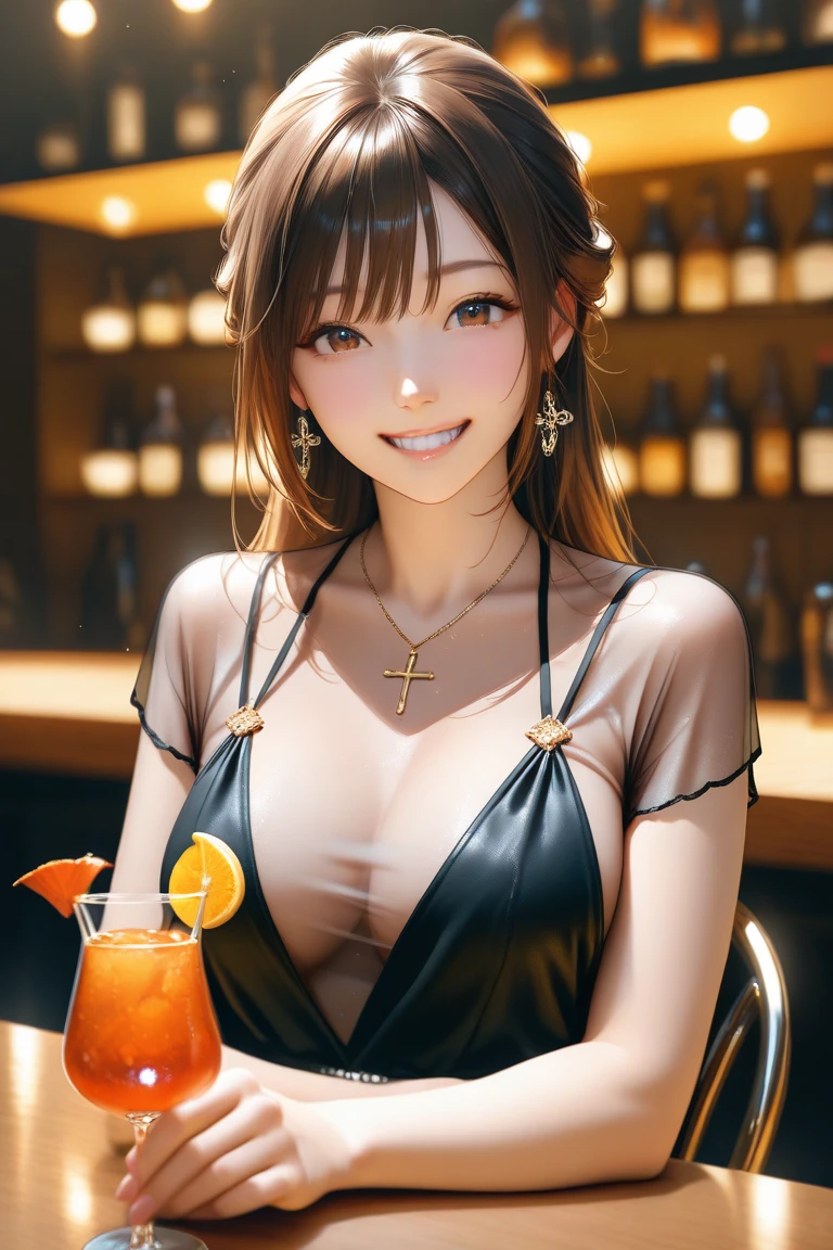 lighting like a movie、top-quality、Slender Line、Standing party in a ruffled bikini、Party Venue、holding a glass of juice in one hand、A smile、You can see the night view from the window、Lots of dishes on the table、Turned、