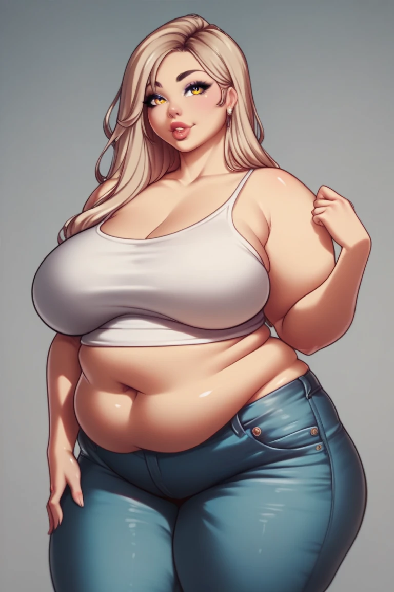 Beautiful plus size anime girl, fashion able overweight girl, pretty, large breasts, wide hips, big tummy, large stomach, cute stomach bump, fashion, outfit, cool pretty clothes, long hair, waist length hair, blonde hair, straight hair, stomach rolls, back rolls, fat, overweight, cute clothes with long shirt, low cut shirt, cool pants, jewlery, lots of accessories, long shirt