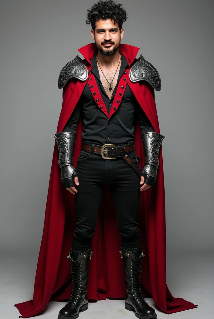 frontface, copper hair man in top hat long beard wearing a string of black red and white beads, very strong mass beefy body wearing black and red silk pants with felt cape with black collar barefoot in florest, big dick, show cock, Very hairy body