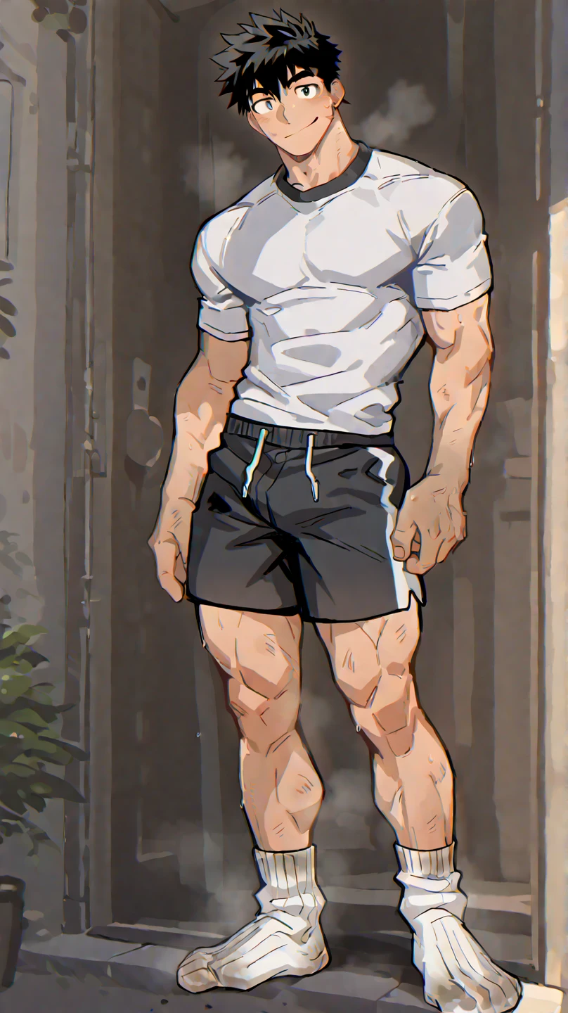 1male.changguang,gery tank,wet,track shorts,bulge,outdoor, masterpiece, best quality, <lora:changguang:0.8>