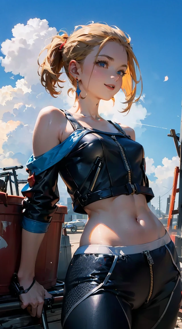 1girl, solo, sharp nose, (reddish mouth:1.1), (blush), eye-catching lips, shonen style, (pale skin), (pink eyes:1.2 | orange eyes:1.3), (wide smile:0.5), wide eyes, (neon lighting:0.3), (scenery park, sky), daylight, cinematic lighting, (underboob:0.9), (blue skirt), (pink hair:1.4 | orange hair:0.9), short hair, bangs, drill hair, ahoge, (crop top blue | white), ((bottom-up point of view)), (thin face), ((sharp focus)), (((masterpiece))), (detailed clothing:1.3), (detailed body:1.2), ((perfect face)), ((perfect nose)), ((perfect eyes))