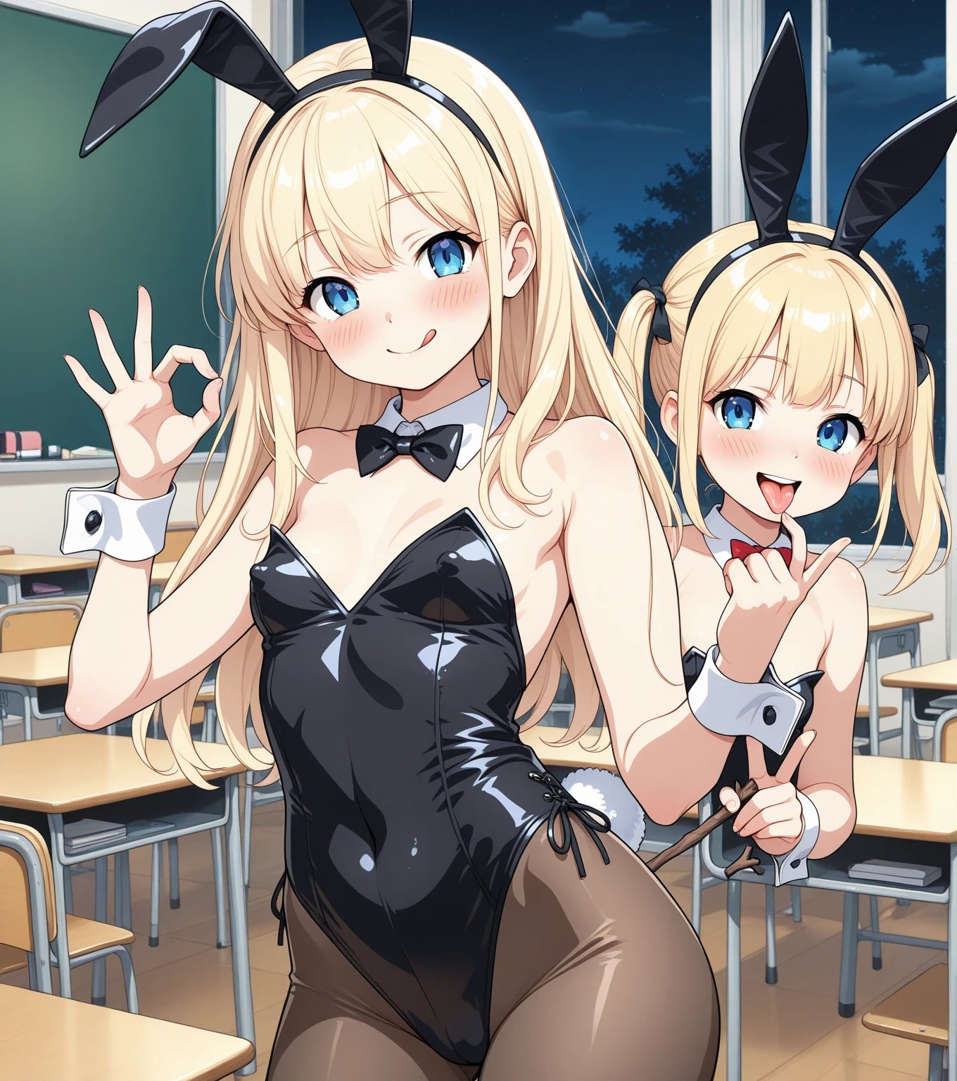 (8K、best image quality、highest quality、masterpiece)、detailed face、((two women))、black hair、short hair、gray eyes、blonde、long hair、blue eyes、((evil small))、((grin))、big breasts、playboy bunny、pantyhose、((cowboy shot))、((stand side by side))、bar background