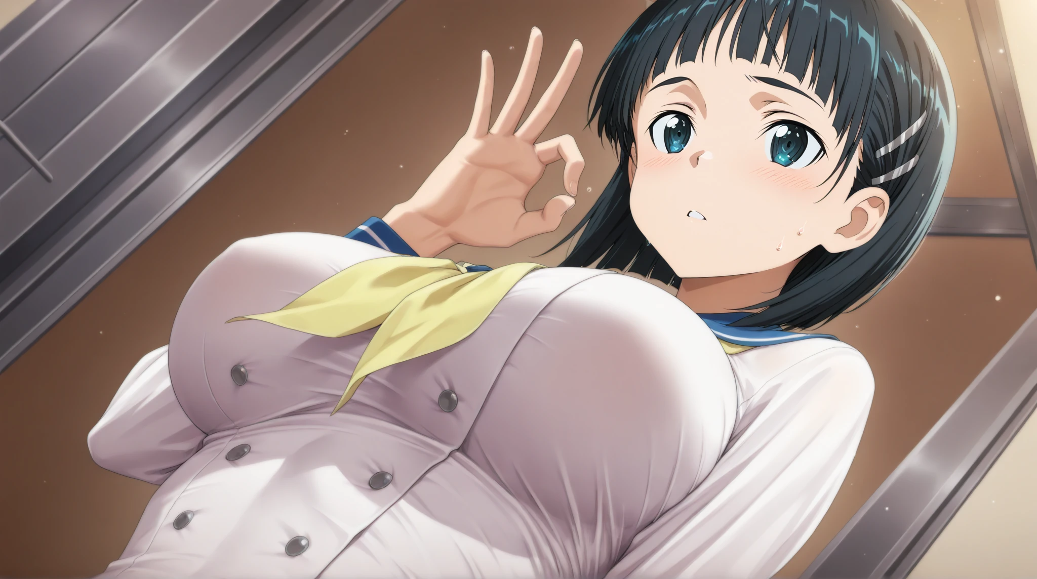 breasts on desk, white liquid on the body, yogurt all over the body, big breasts, cleavage, upper body, long hair black hair brown-eyed woman wearing white turtleneck, focus on breasts, shy, watery eyes, embarrassed, white knitwear