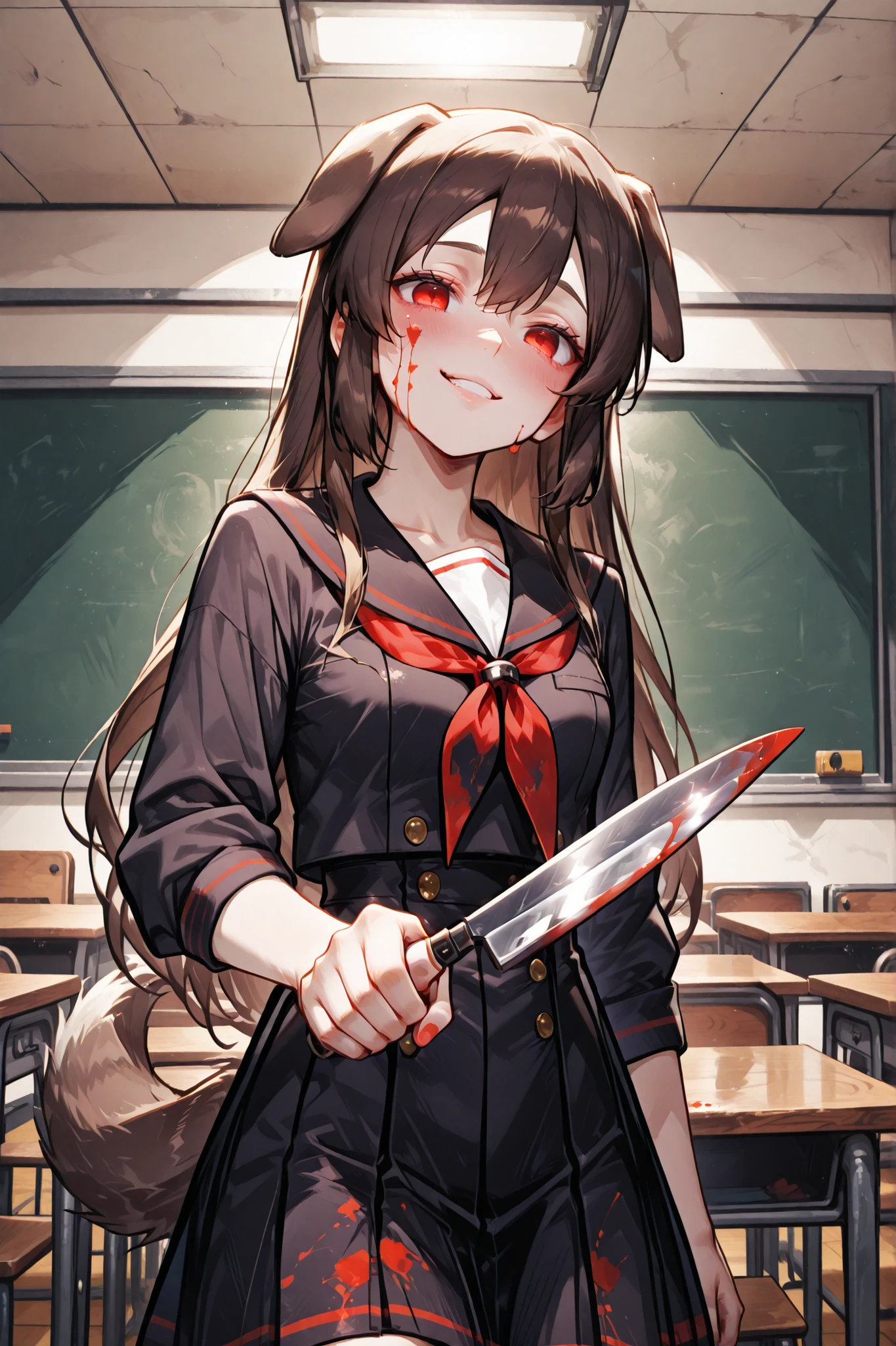 "High Quality", "1girl", "classroom background", "Yandere girl", "Human girl", "Drooped dog ears matching color of hair", "dog ears drooped downward at the sides of her head", "A dog tail matching color of hair", "small canine fangs", "Crimson red eyes with canine irises", "blood on her face", "obssessed and lovesick pose", "sadistic facial expression", "sadistic grin", "Brown hair", "Holding blood stained kitchen knife", "red blushing", "black school uniform",