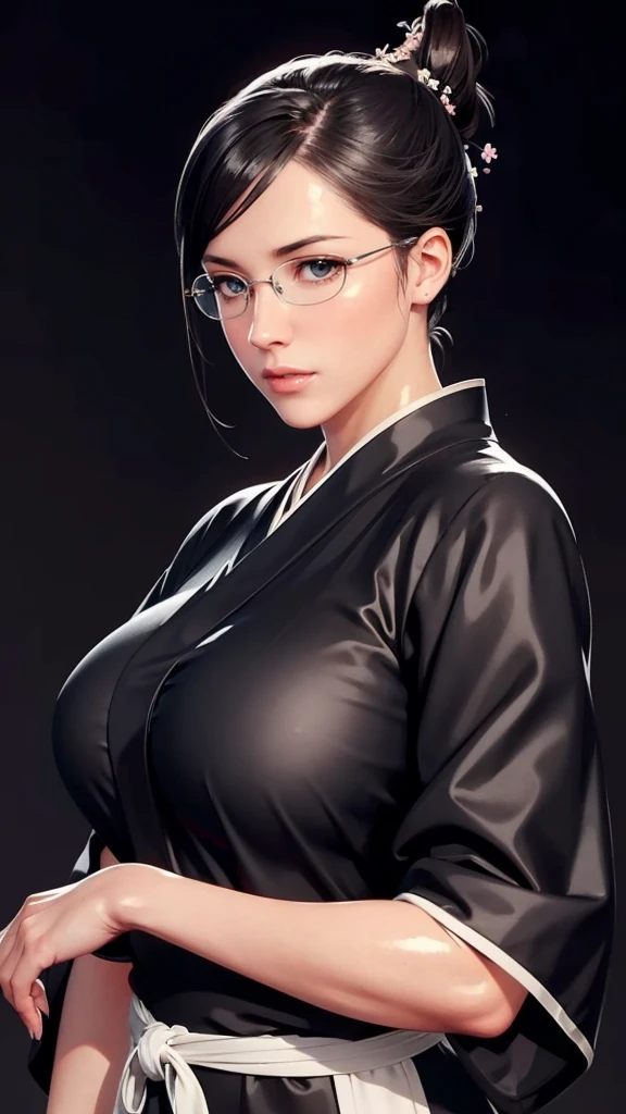 (((Perfect figure,figure,独奏,(((black robes, sash, hakama skirt))), (((I did it, folded ponytail,glasses, ))),((masterpiece)),high resolution, ((Best quality at best)),masterpiece,quality,Best quality,((( Exquisite facial featuresThere is light in the eyes,(((Lol,confidence, ass showing at audiance))),))),型figure:1.7))),(((Light and shadow,Huge breasts))),(((Looking at the camera,black background,)))