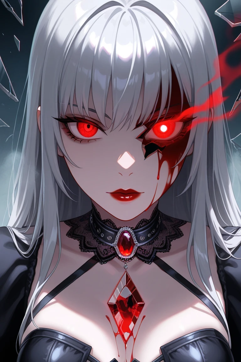 a female vampire with pale skin, detailed red eyes, sharp fangs, voluptuous figure, seductive pose, dramatic lighting, gothic atmosphere, dark fantasy, dramatic chiaroscuro, cinematic, highly detailed, photorealistic, 8k, unreal engine, volumetric lighting, dramatic shadows, dramatic colors, dark moody colors
