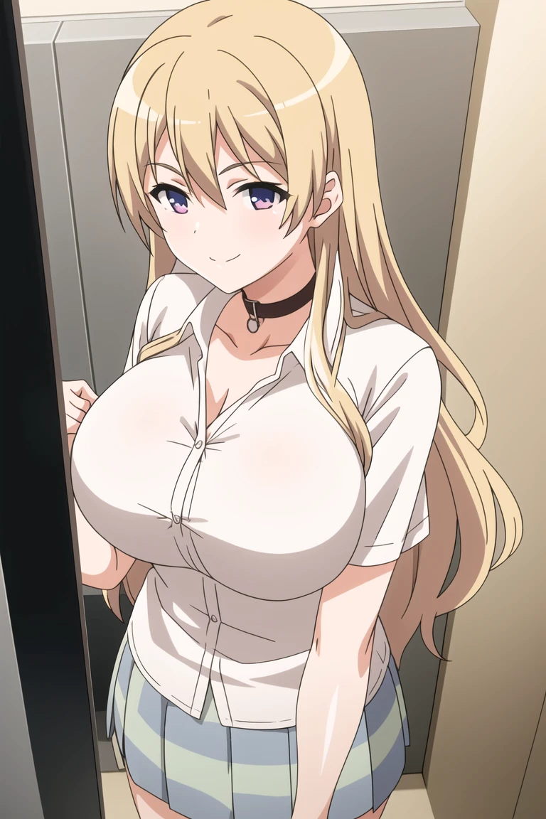 (masterpiece, best quality, 8k:1.2), (anime), sena, long hair, hair ornament, glamour, large breasts, (short sleeve, white shirt, front open shirt, cleavage, checkered skirt, green skirt,  blush, Inside the church, summer), dynamic angle