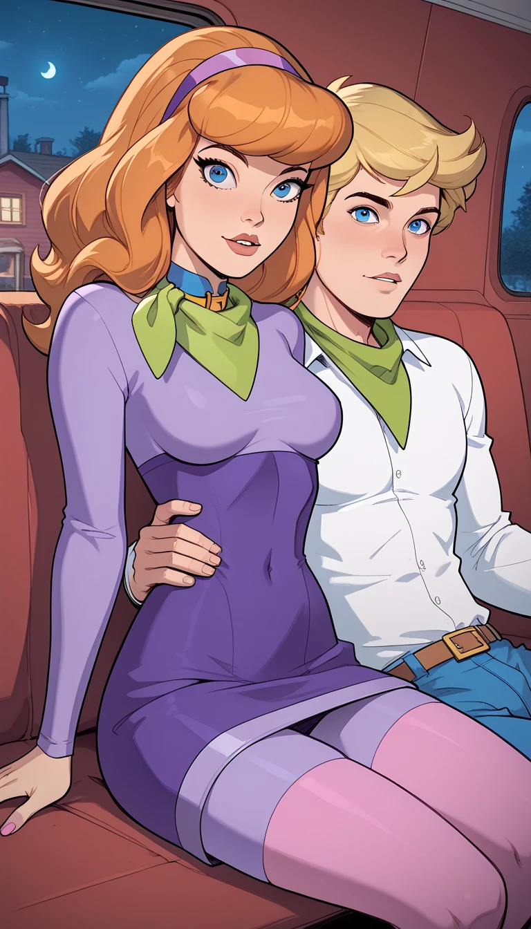 Sam, totally spies, inside a train, white pants, pink jacket, orange hair, green eyes, blushing, sitting next to a man, man showing his penis, black pants, veiny penis