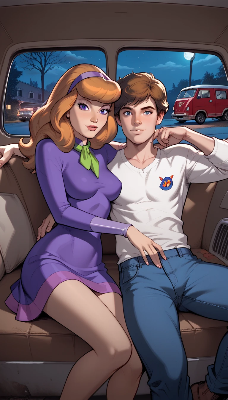 Sam, totally spies, inside a train, white pants, pink jacket, orange hair, green eyes, blushing, sitting next to a man, leaning down, blowjob, black pants, veiny penis