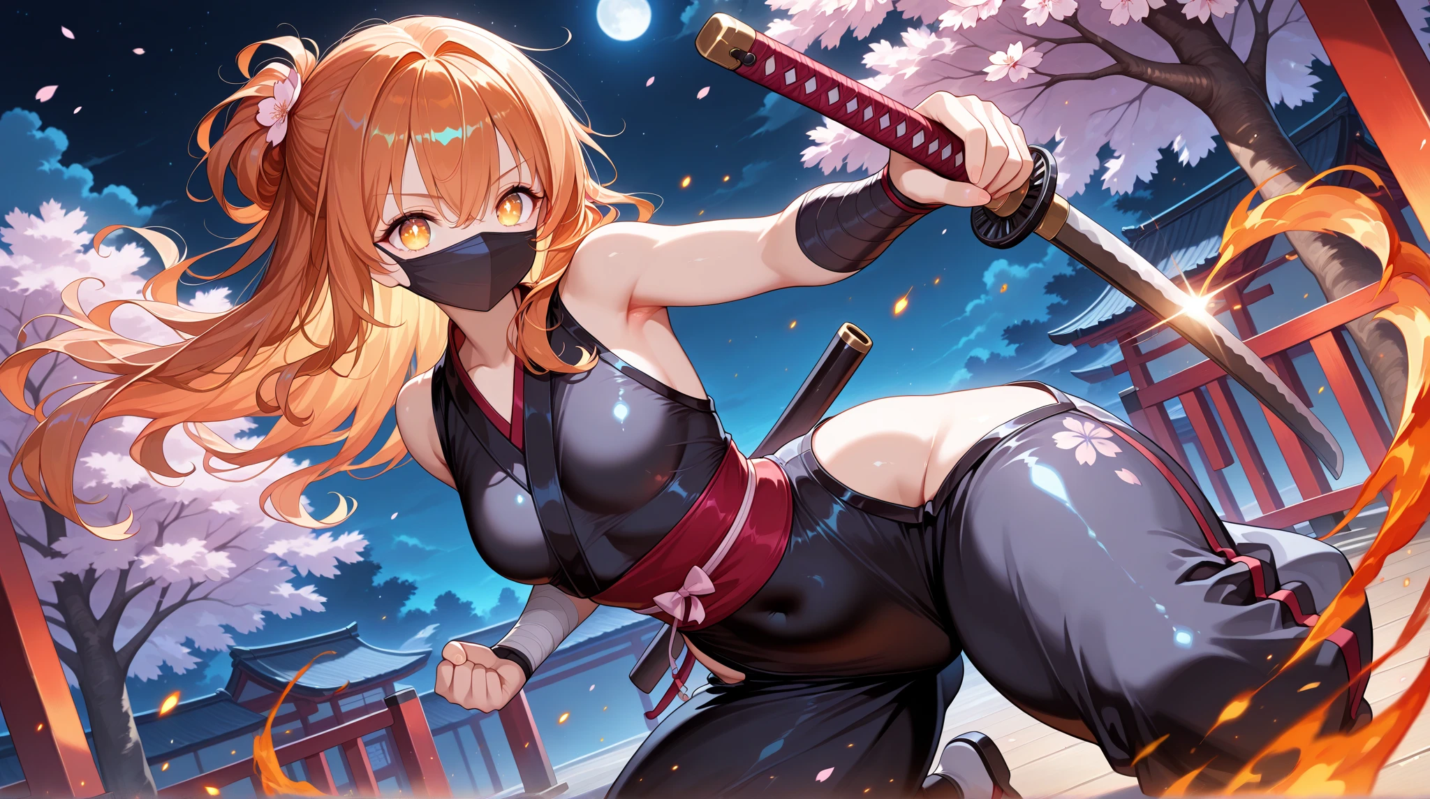 Orange hair color,Dark green pupils,White loincloth,white sash,There is a white bandage around the waist