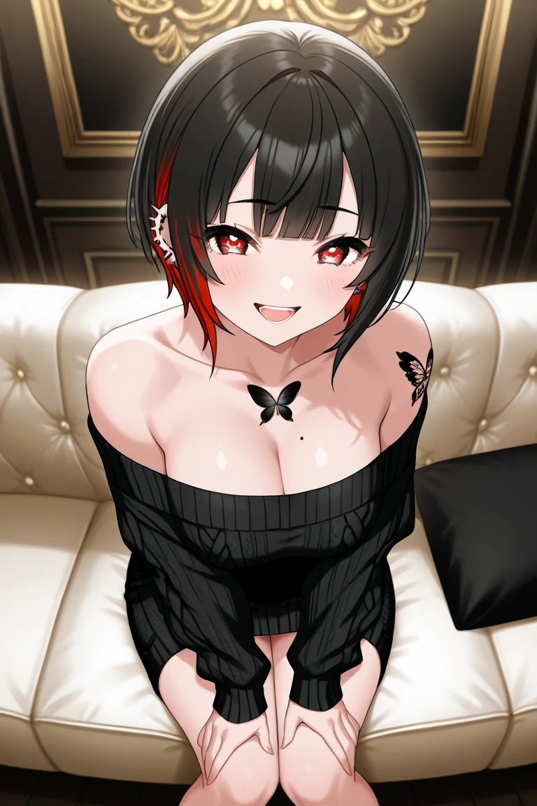 masterpiece, best quality, ultra-detailed, illustration,(1girl), Sarada Uchiha, looking at viewer, close up, (breast focus), (arms above head:1.2), (from above:1.1), black hair, Medium breasts, (breasts out:1.3), (off shoulder:1.1), lace underwear, random pantyhose, black hair, red eyes, Sharringan eyes,