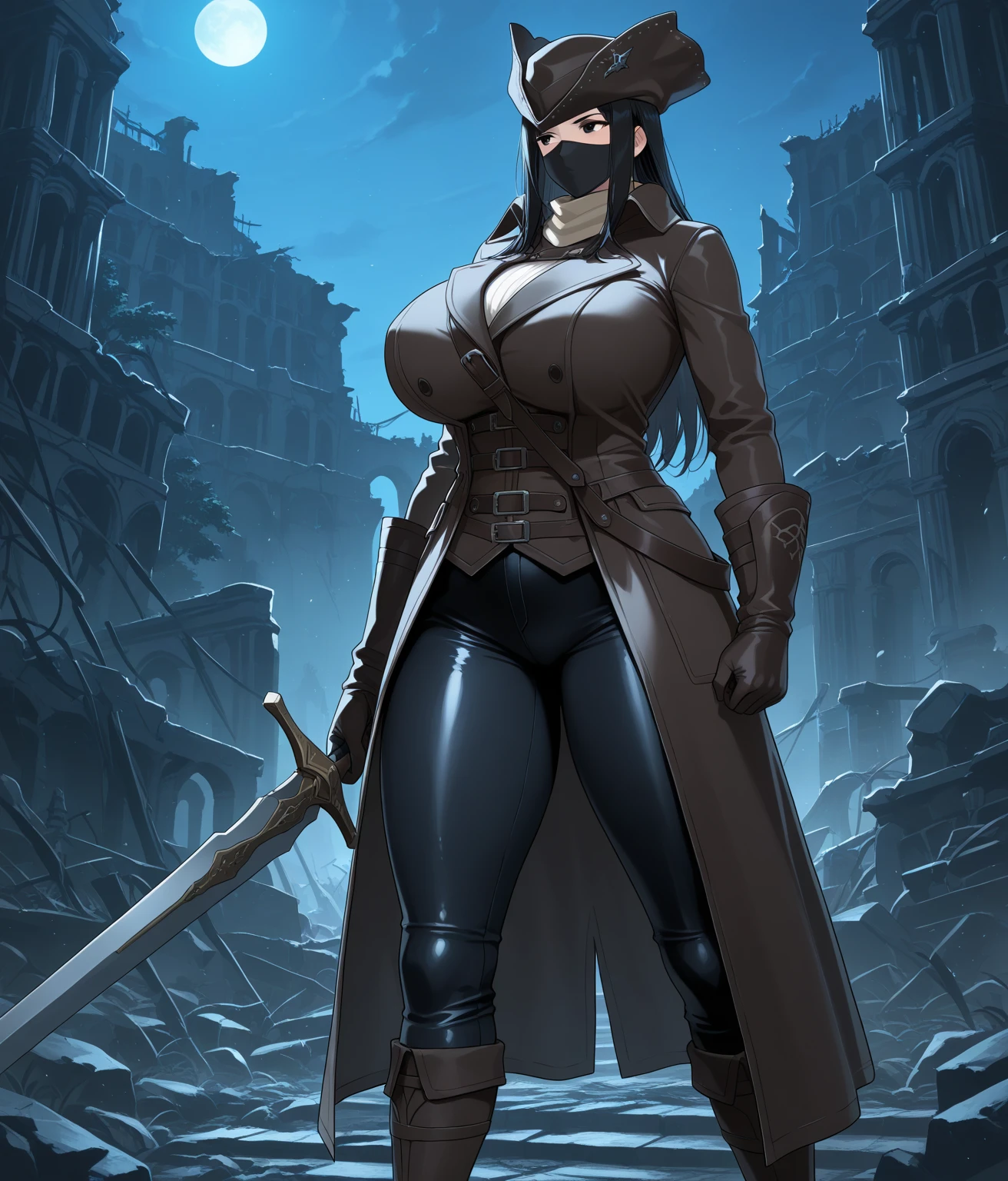 Knight in black armor, Female, large breasts, curvy body, hourglass figure, tattered cape, menacing, sinister, Face hidden away behind helmet, spiky armor, fully armored, cleavage showing, thick thighs, fierce eyes, Detailed armor, stern and cold, holding long sword in one hand,