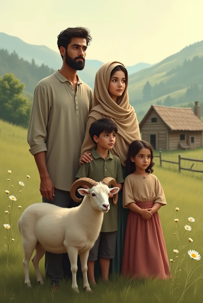 Parents with baby wearing Muslim clothes.they are riding sheep. With an aqiqah nuance. Shades of green. Background transparan. The sheep is standing on a circle of grass and there is soil underneath it.. Indonesian race