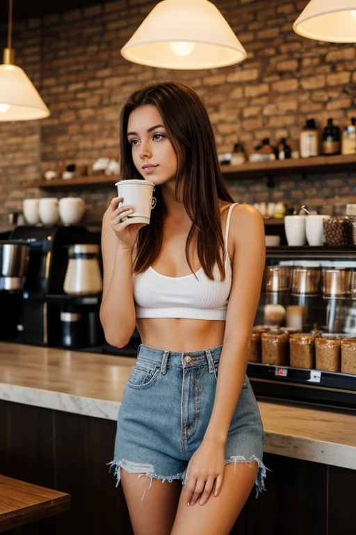 female model in a cafe drinking a cup of coffee