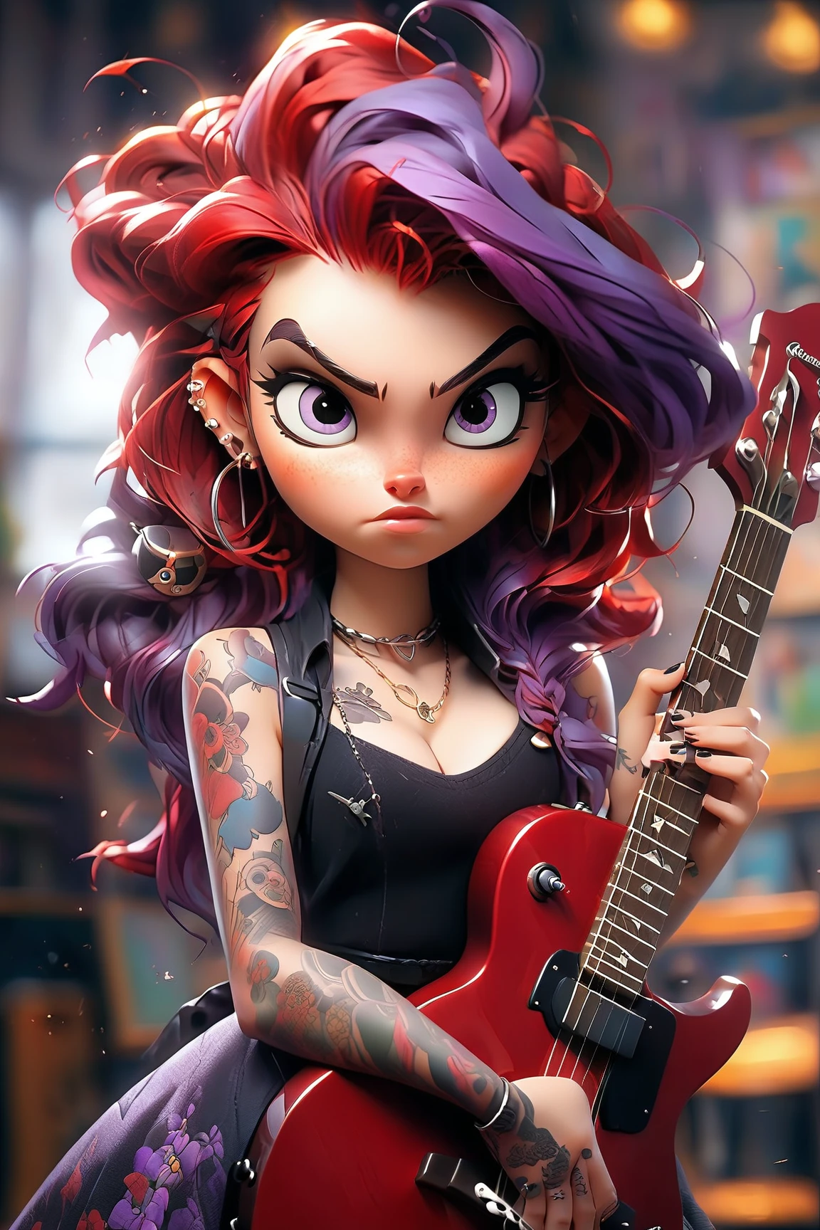 a woman with tattoo, (([red|Purple] hair)), long hair, Wearing a black dress and performing with a shiny guitar,  indoors, (soothing tones:1.0), (hdr:1.25), (artstation:1.2), dramatic, (intricate details:1.14), (hyperrealistic 3d render:1.16), (filmic:0.55), (rutkowski:1.1), (faded:1.3)