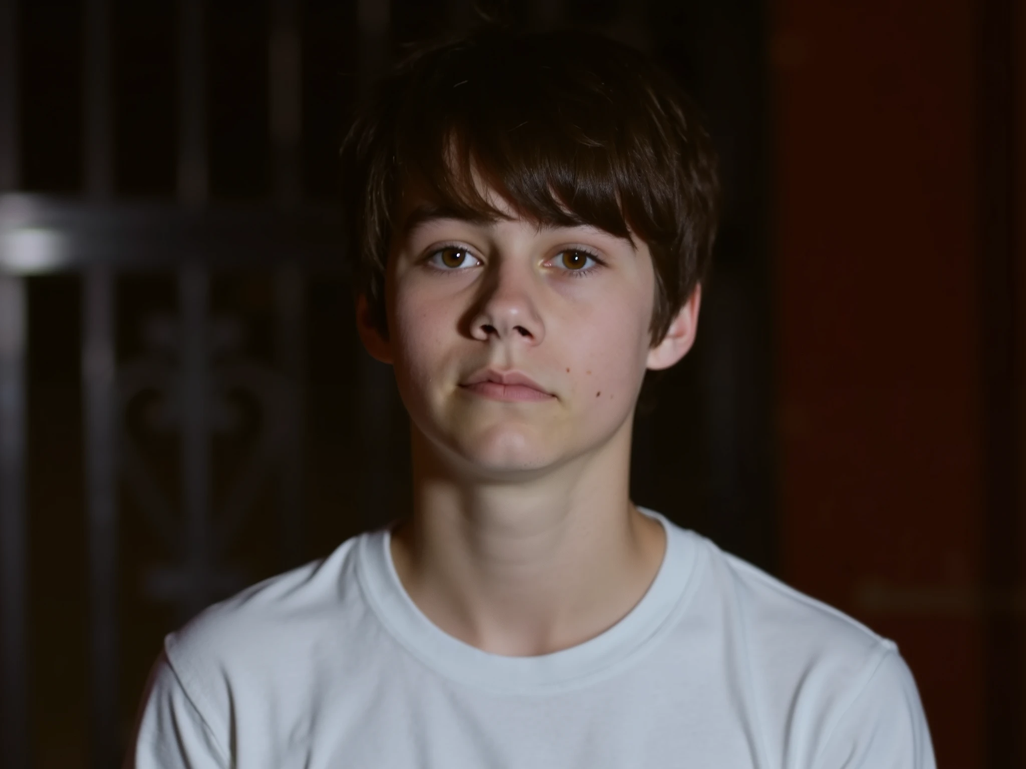A charming young male and clearly with ((14 anos)), meio corpo, camera 50mm, with dark brown hair, curto e vibrante, and big brown eyes perfect and shiny. He wears a white t-shirt , with delicate features and a sad face. In the background a blur, night lighting and a red iron door.