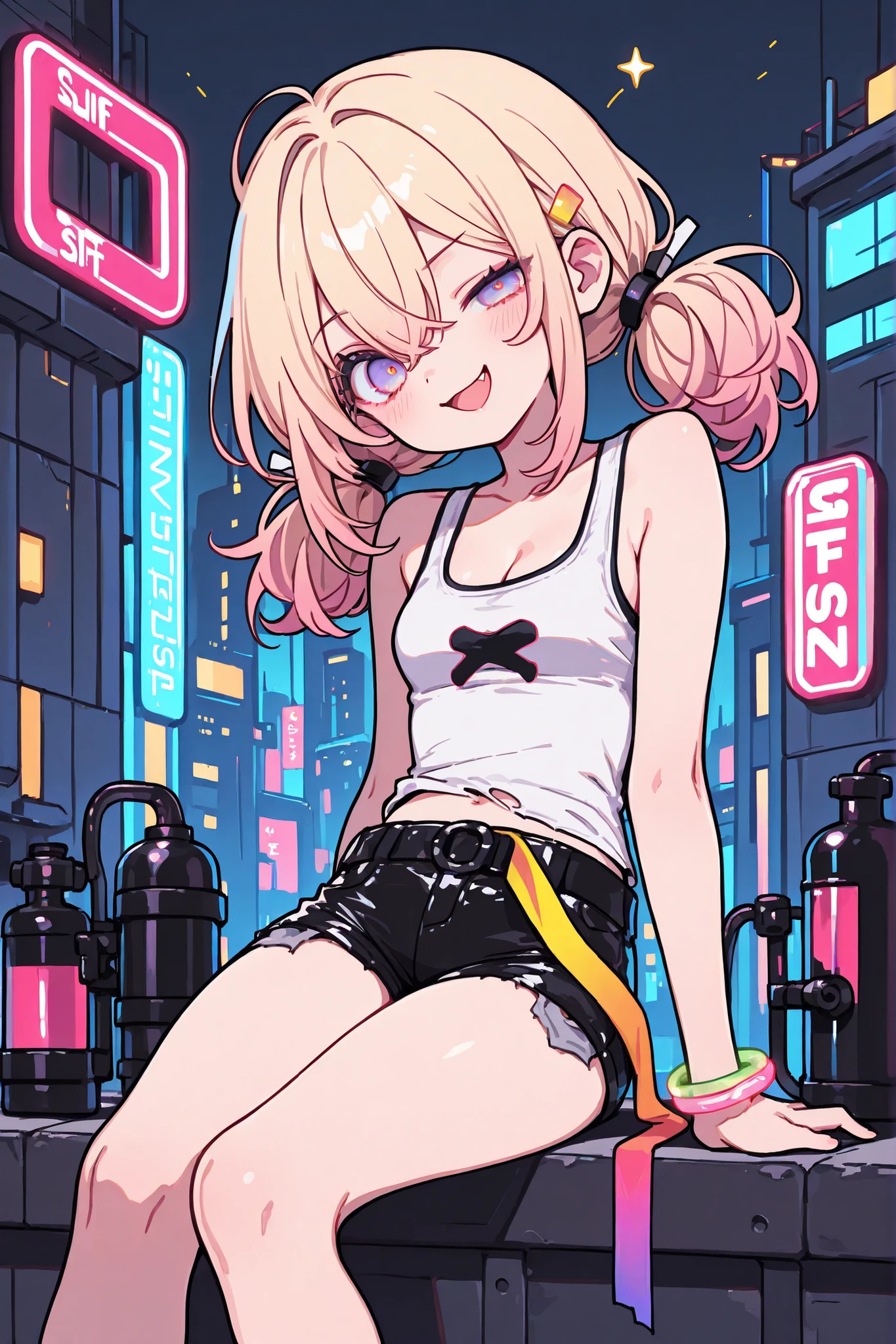((Masterpiece)), ((best quality, very aesthetic, absurdres, newest)), (8K), ((wide shot)), ((1girl)), (cute young girl), (Healthy body, Textured skin, small breast, tilt head), Big eyes, ((pale purple eyes, gradient eyes, uneven eyes)), (crossed long bangs), low pigtails, gradient hair, (blonde hair, pink color Hair Tip, medium hair), ((smug, blush, open mouth wide)), cute cheeks, glossy lips, pouty lips, lower eyelashes, Beautiful collarbones, BREAK, (Cyberpunk sheer clothing, torn clothing, ribbon belt, pale pink sheer tanktop, cheap Fabric tanktop), (thin shorts, Black leather shorts), Pale green luminescent bracelet, ((shifting the strap of tank top with fingers, shift by self, slightly exposed cleavage)), loose sitting against the Cyberpunk rooftop, (weird neon sign, Pink neon reflected light), outdoor, midnight, Flatline, Flat vector illustration,