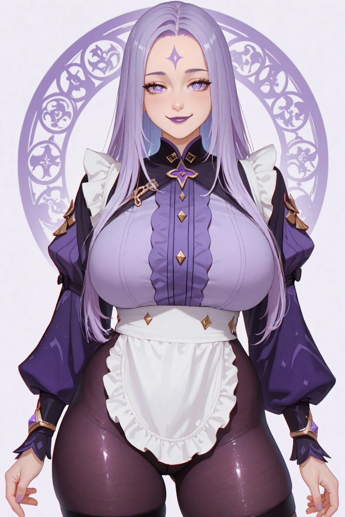 A woman with very long straight light purple hair, light purple slanted eyes, White skin, Big breasts, thin waist, big hips, granary,  vintage white dress, stardew valley style 