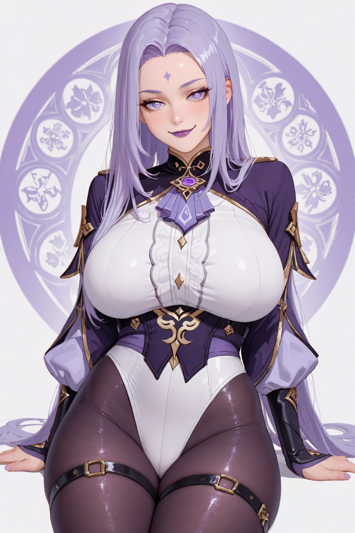 score_9, score_8_up, score_7_up, source_anime, masterpiece, best quality, extremely detailed, 1girl, milf, solo, quinella, (huge breasts:1.1), ((((purple hair), long hair, blue eyes))), parted lips, (((bodystocking, dress, breast curtains, pelvic curtain))), ((naughty smile), closed mouth), ((castle, garden))