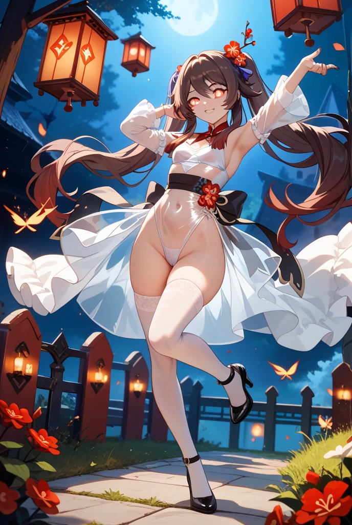 best quality, high resolution, unity 8k wallpaper, (illustration:0.8), (beautiful detailed eyes:1.6), extremely detailed face, perfect lighting, extremely detailed CG, (perfect hands, perfect anatomy), kasumigaokautaha, ((full body:1.4)) ((slim body)), ((perfect body)), ((slim legs)), utaha kasumigaoka, black hair, hairband, long hair, (red eyes:1.5), masterpiece, best quality, highres, kasumigaoka utaha, 1girl, solo, ((standing:1.4)), medium breasts, blushing, black hair, hairband, red eyes, ((white hairband:1.4)), bangs, medium breasts, blushing, ((smug face:1.4)), cowboy shot, ((looking at viever)), ((white long dress:1.4)), ((show panties:1.4)), ((lift dress:1.4)), ((black stockings:1.4)), ((black heels:1.4)), ((forest background:1.4)), ((night day:1.4)), ((sky from below:1.4))