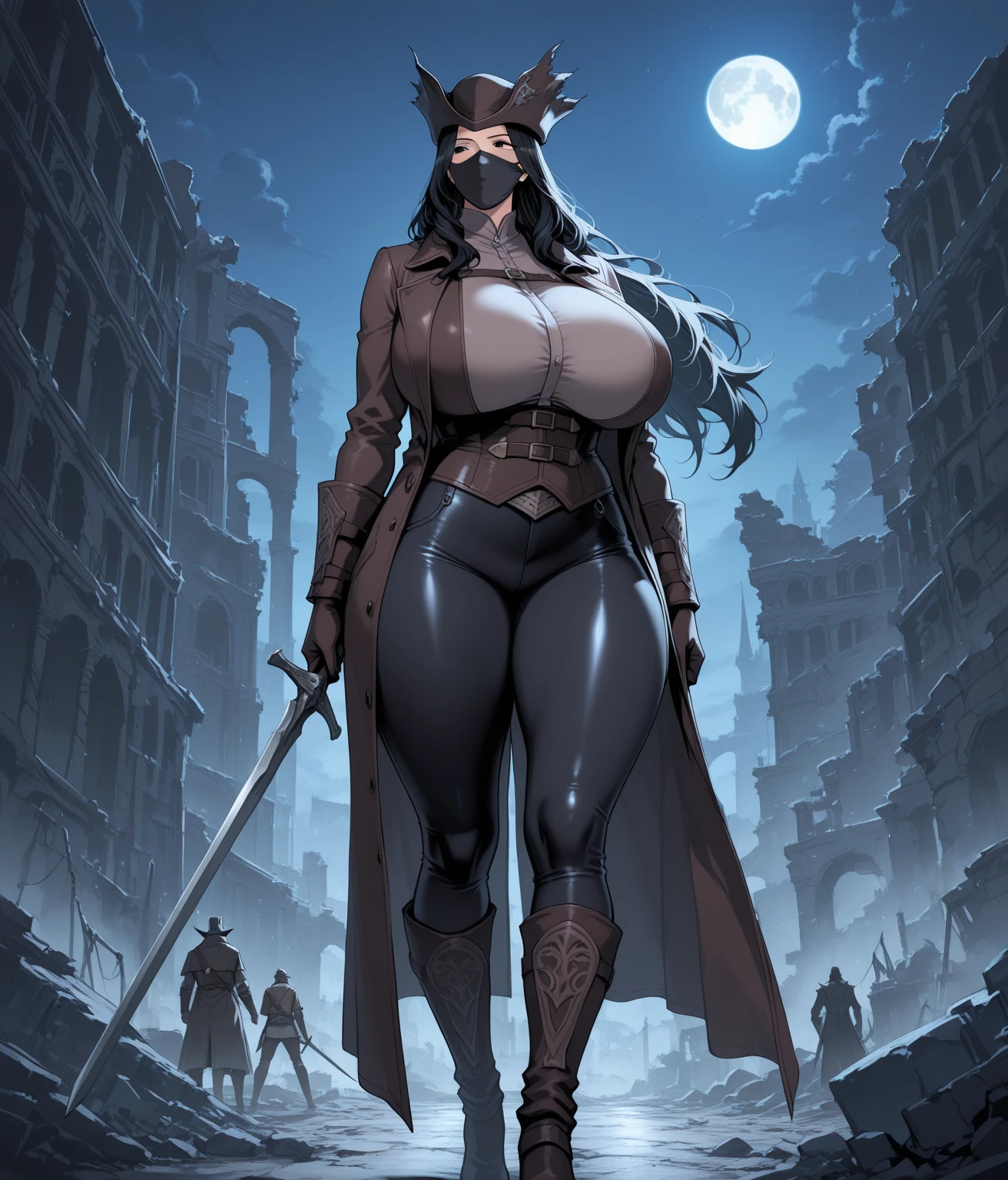 full body, barefoot, solo, female, big breast ,linen tunic, fantasy village, armor, handcuffs on their hands with a collar around the neck, hands on hips, slave ((black choker, shackles on legs and arms))