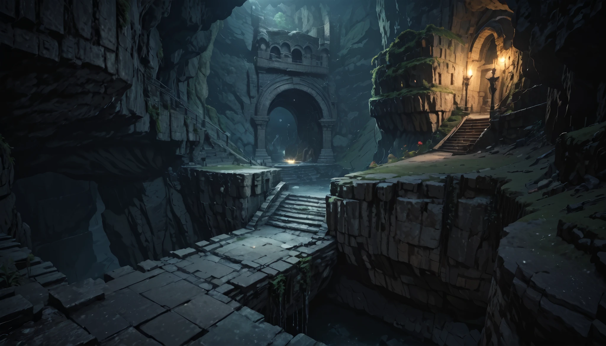 obra maestra, visual novel background, background of dungeons and dragons, dark and damp ruins inside a cave with a cliff on the edge, deep and dark abyss, crypt inside a cave with a cliff on the edge, cracked and broken floors, without humans, aerial view, hidden path, a cliff on the edge with natural stone stairs that lead to a dark and deep abyss, Extremely detailed, high quality, cold lighting, DARK ATMOSPHERE