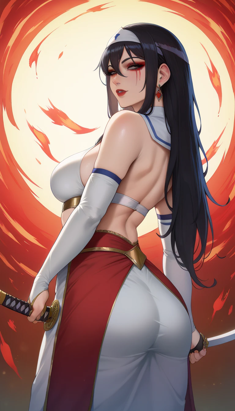Garota usando trajes hunfa wuxia, cabelos negros longos sedosos, olhar profundo, sensualidade plena, voluptuosa, roupa cor vermelha, Standing on a vessel holding a long, sharp-bladed sword, personagem protagonista (corpo inteiro detalhes)(clear lighting)(ultrarrealista)(epic appearance)
