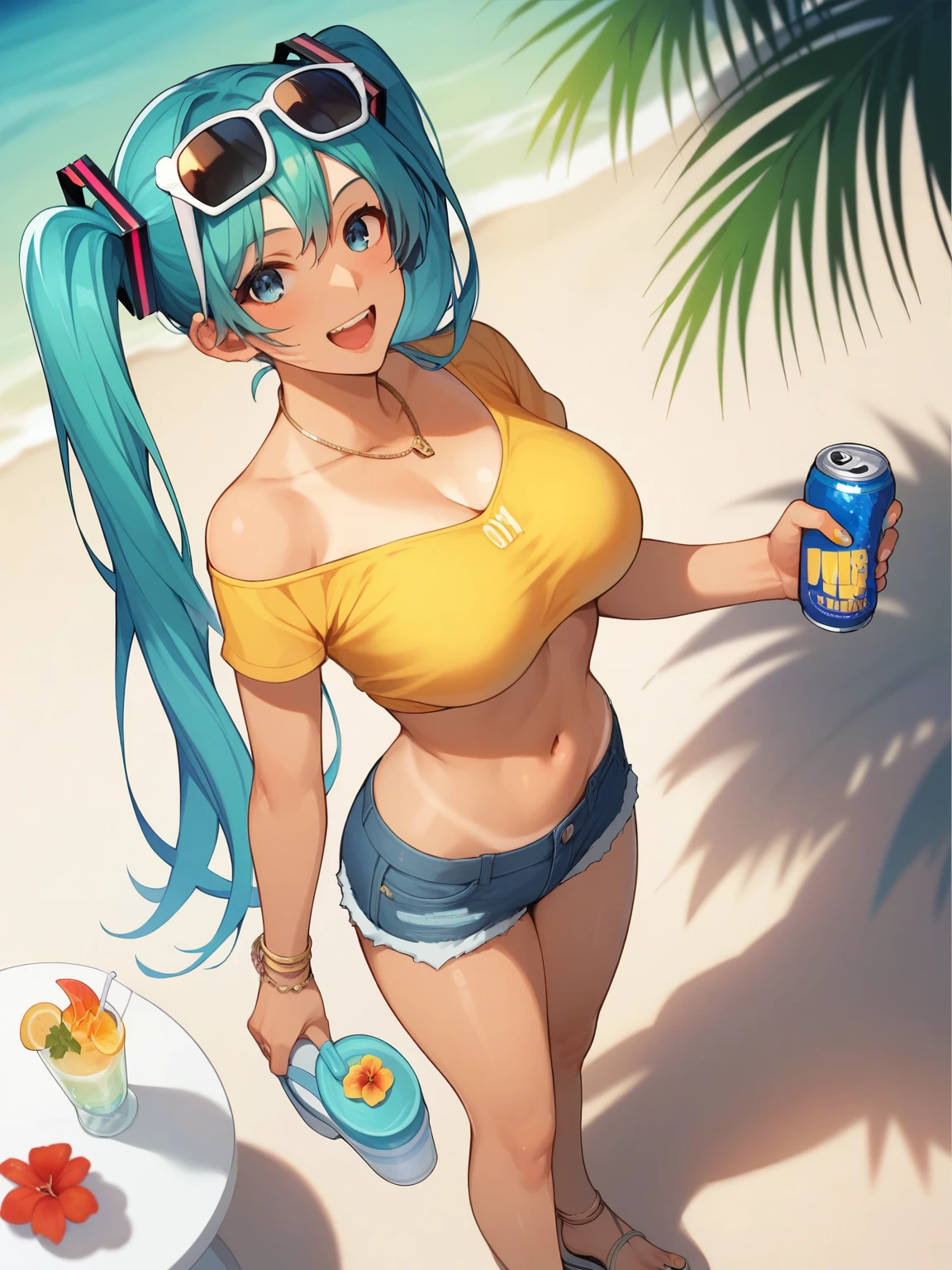 score_9, score_8_up, score_7_up, score_6_up, score_5_up, score_4_up, Source_Anime,nsfw," standing while touching her chest on the beach 、the cheerful and vibrant Brazilian Hatsune Miku version. two light blue twin tails on her long hair ., has sunburn marks on her tanned skin 、wearing a tight yellow crop top with the Brazilian flag. she has big breasts,she wears frayed denim shorts,holding a can of Guaraná Antalya in one hand,With a smile、wearing sunglasses on his head, has tropical flowers in her hair . in the background 、has a sunny beach with blue skies and palm trees,dynamic angle where the butt is all over,Kyoani Style,glitter,from above,