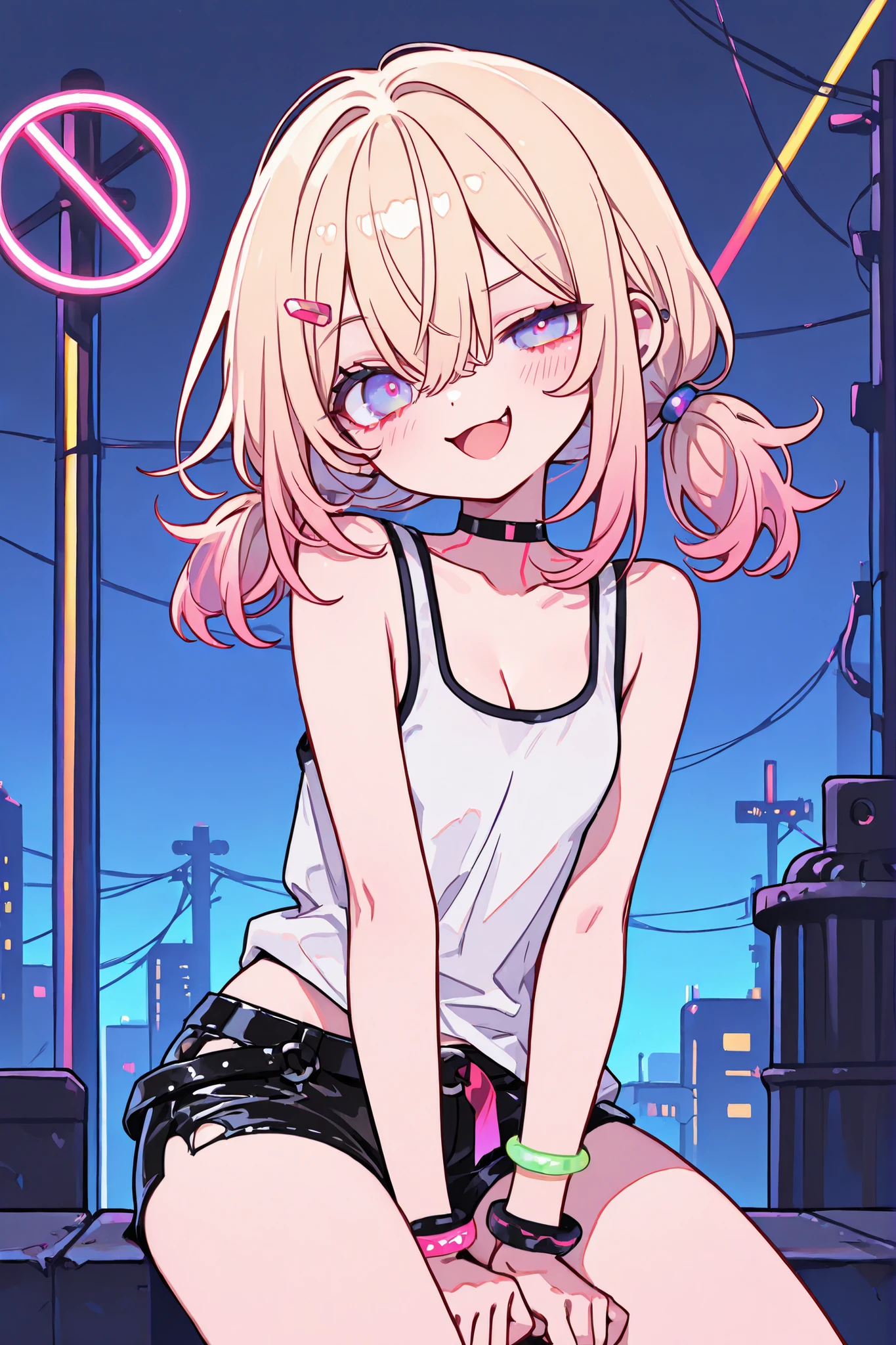 ((Masterpiece)), ((best quality, very aesthetic, absurdres, newest)), (8K), ((wide shot)), ((1girl)), (cute young girl), (Healthy body, Textured skin, small breast, tilt head), Big eyes, ((pale purple eyes, gradient eyes, uneven eyes)), (crossed long bangs), low pigtails, gradient hair, (blonde hair, pink color Hair Tip, medium hair), ((smug, blush, open mouth wide)), cute cheeks, glossy lips, pouty lips, lower eyelashes, Beautiful collarbones, BREAK, (Cyberpunk sheer clothing, torn clothing, ribbon belt, pale pink sheer tanktop, cheap Fabric tanktop), (thin shorts, Black leather shorts), Pale green luminescent bracelet, ((pulling down the tanktop strap with fingers, pull by self, slightly exposed cleavage)), loose sitting on the Cyberpunk rooftop, (weird neon sign, Pink neon reflected light), outdoor, midnight, Flatline, Flat vector illustration,