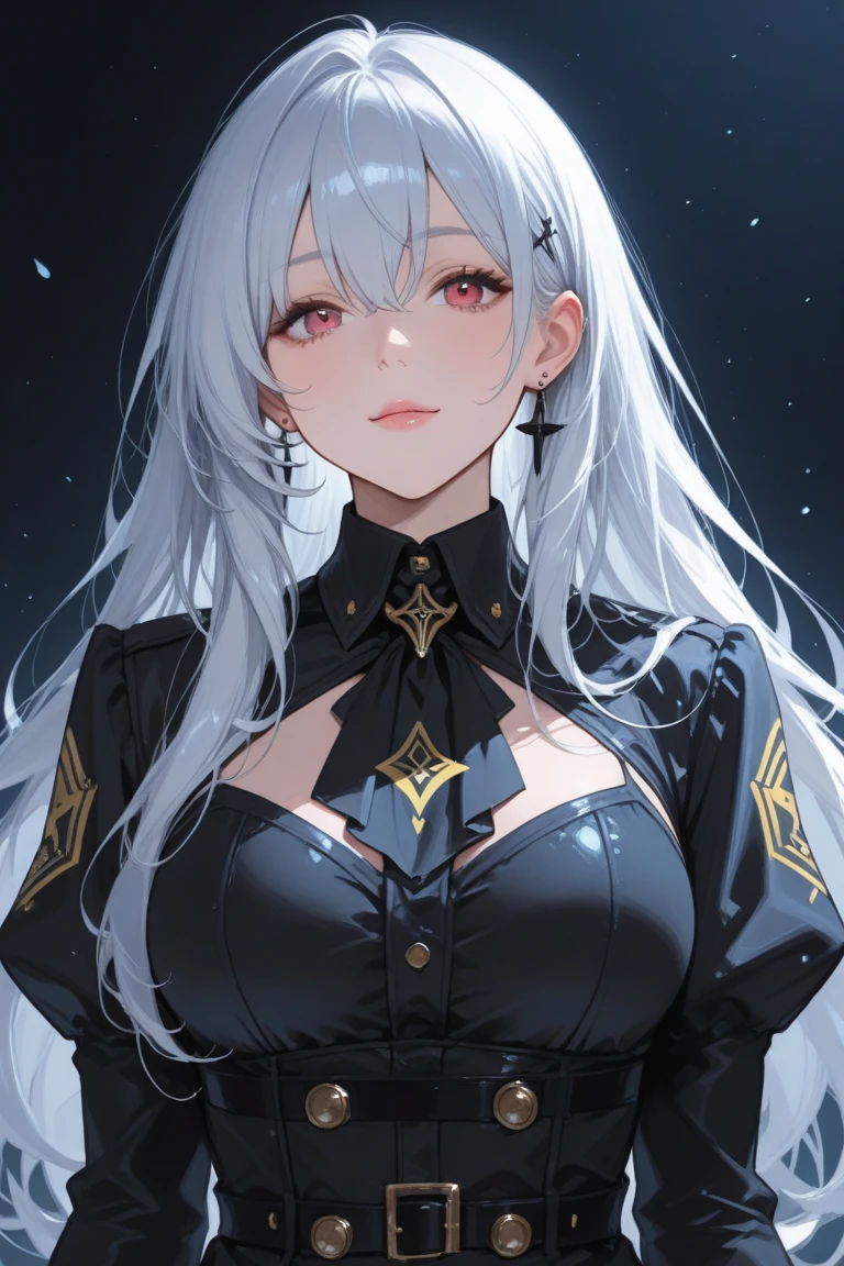 mksks-style, 1 Girl, Lovely, Surrounded by lights, Golden Eyes, White hair, black background, close up, No smile, masterpiece, Extremely detailed