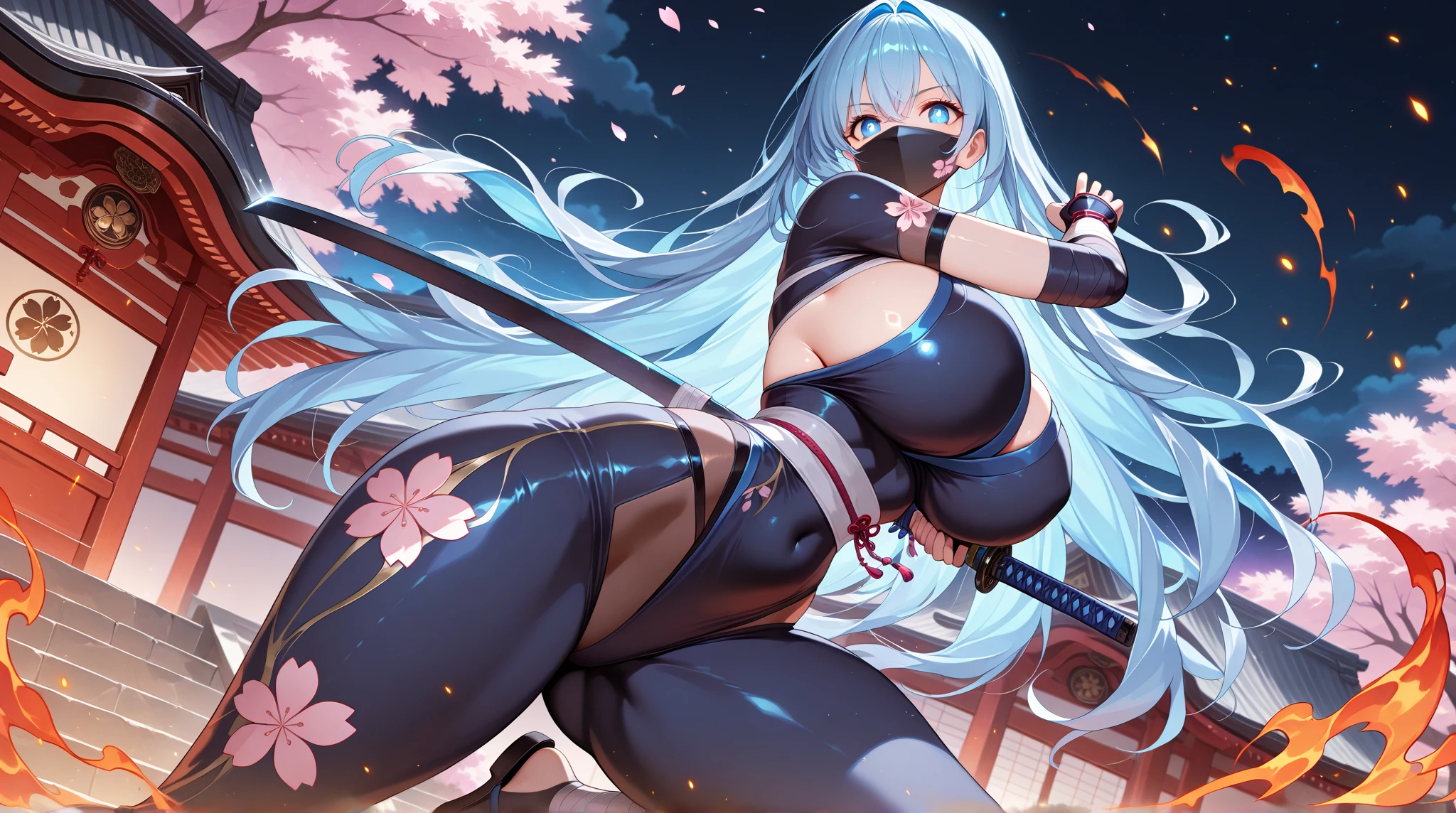 1 skinny girl, solo, light blue hair, (red and purple heterochromia), (red left eye and dark purple right eye:1.4), bending back, looking at viewer, BREAK, black plunging neckline short dress, dark yellow cropped jacket, black thighhighs, BREAK, (bouncing unaligned huge breasts:1.5), cleavage, very short torso, (inconceivably narrow waist), thin long legs, BREAK, holding a spear, BREAK, (show off crotch:1.4), desert, desert storm, strong wind, rocks at background
