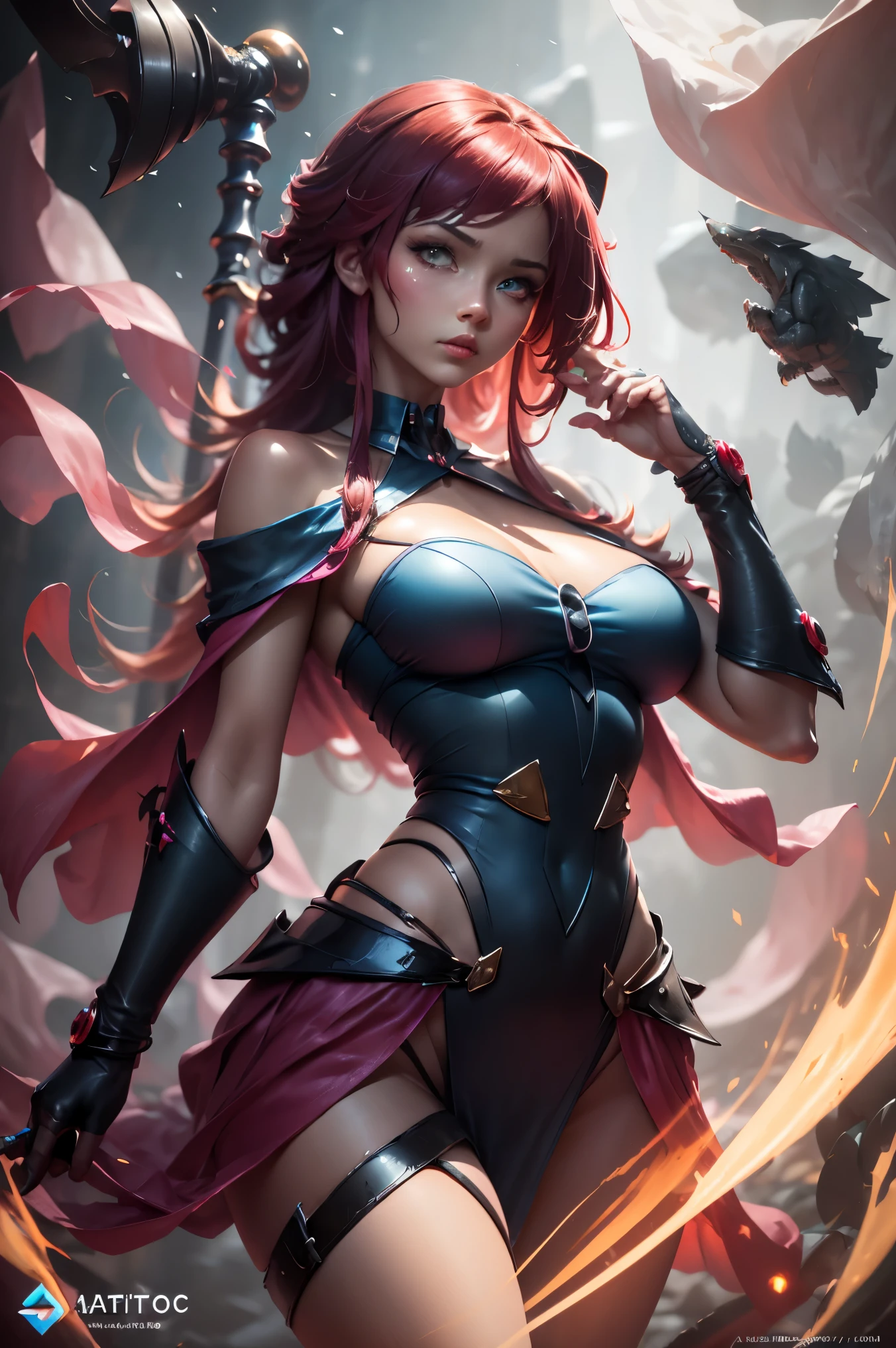 (On a table, Absurd quality, Best quality at best, offcial art, Beautiful and beautiful: 1.2), (A woman is: 1.4), The content is very detailed, (s fractal art: 1.3), Colorful, It's better to be more detailed, Holding the succubus sword, (street frontage::1.3), action painting style, Dark gray and red, Organized by Anjie, Japanese cartoons, dark and chaotic, hyper detailed illustration, wandering eyes