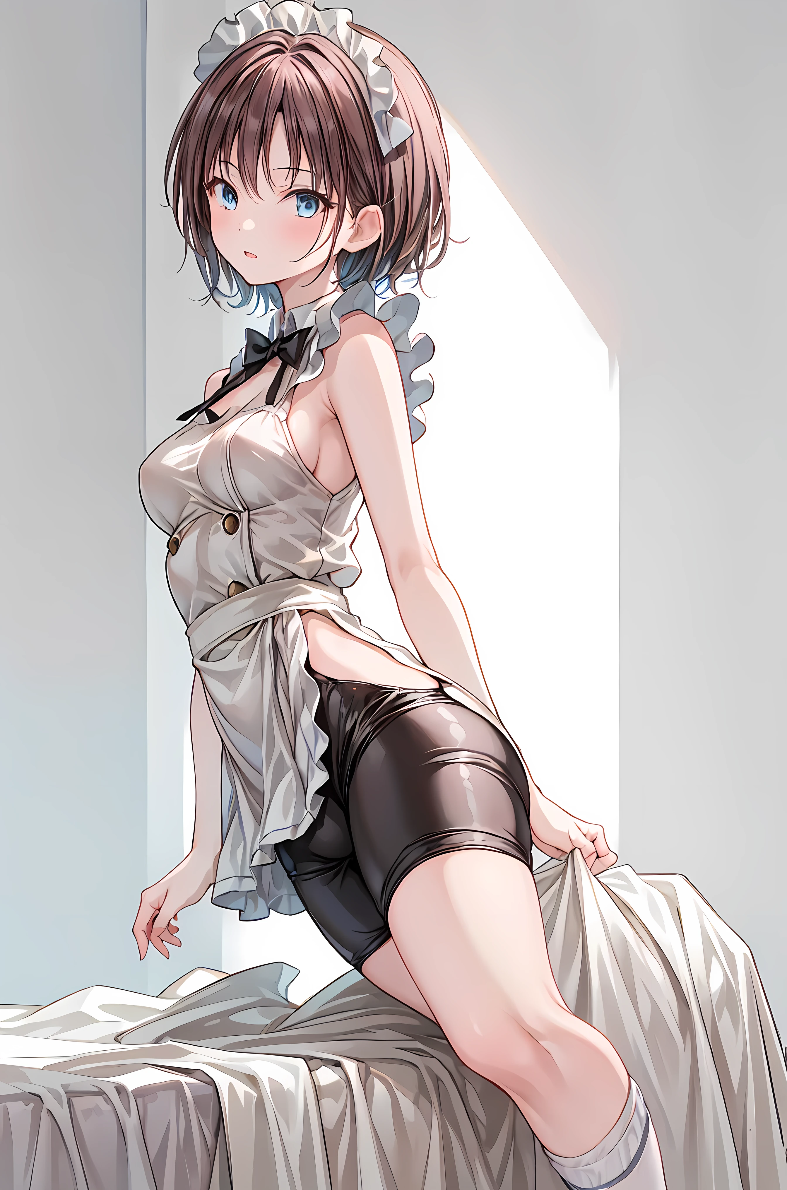 4kquality, 最高quality, superior_Mikoto, Brown eyes, short_hair, small_chest,)Pink Lingerie Sexy pose Fascinating - the whole body is a little wet,M-shaped legs、Grab my legs、、 in underwear、White bra、White panties、black pantyhose、(black_pantyhose):1.2)、Show White panties through stockings、I don't have shoes、Bedroom、In the room、Daytime、blush、Looking at the audience、Panty shot、Composition from the front、Looking at the audience、I see your white pants